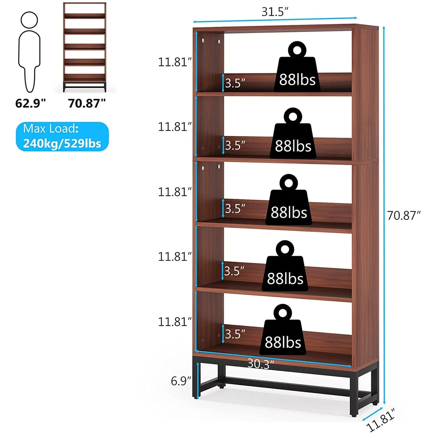 70.87 Inch Tall 5-Tier Bookcase, Large Bookshelf with 31.5 Inch Wide Storage - Image 7