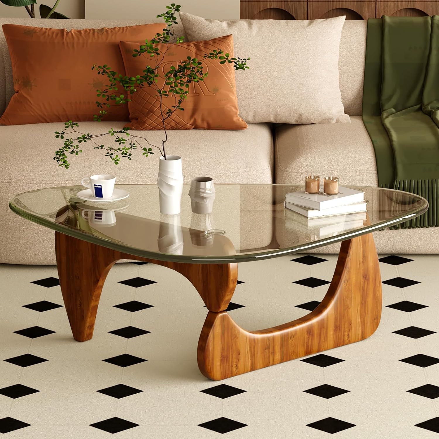 Coffee Table for Living Room Mid Century Modern Center Table with Glass Top and Wood, 32 Inch, Brown/Walnut - Image 7