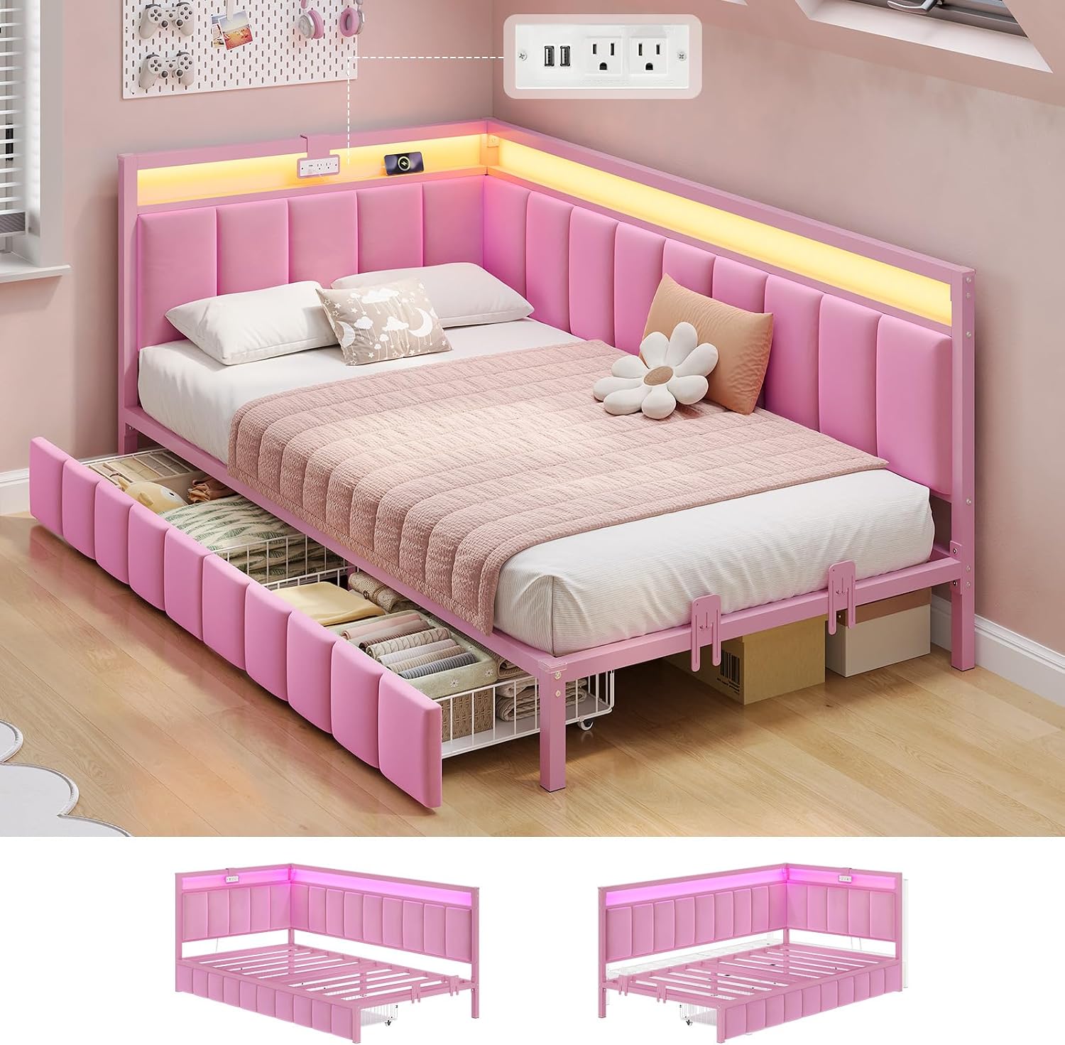 Corner Bed Frame with Storage Drawers, Twin Daybed with Line Fabric Upholstered Fence, Kids Bed Unit with LED Light and Charging Station, Modern Bed Frame Twin Size, Beige - Image 3