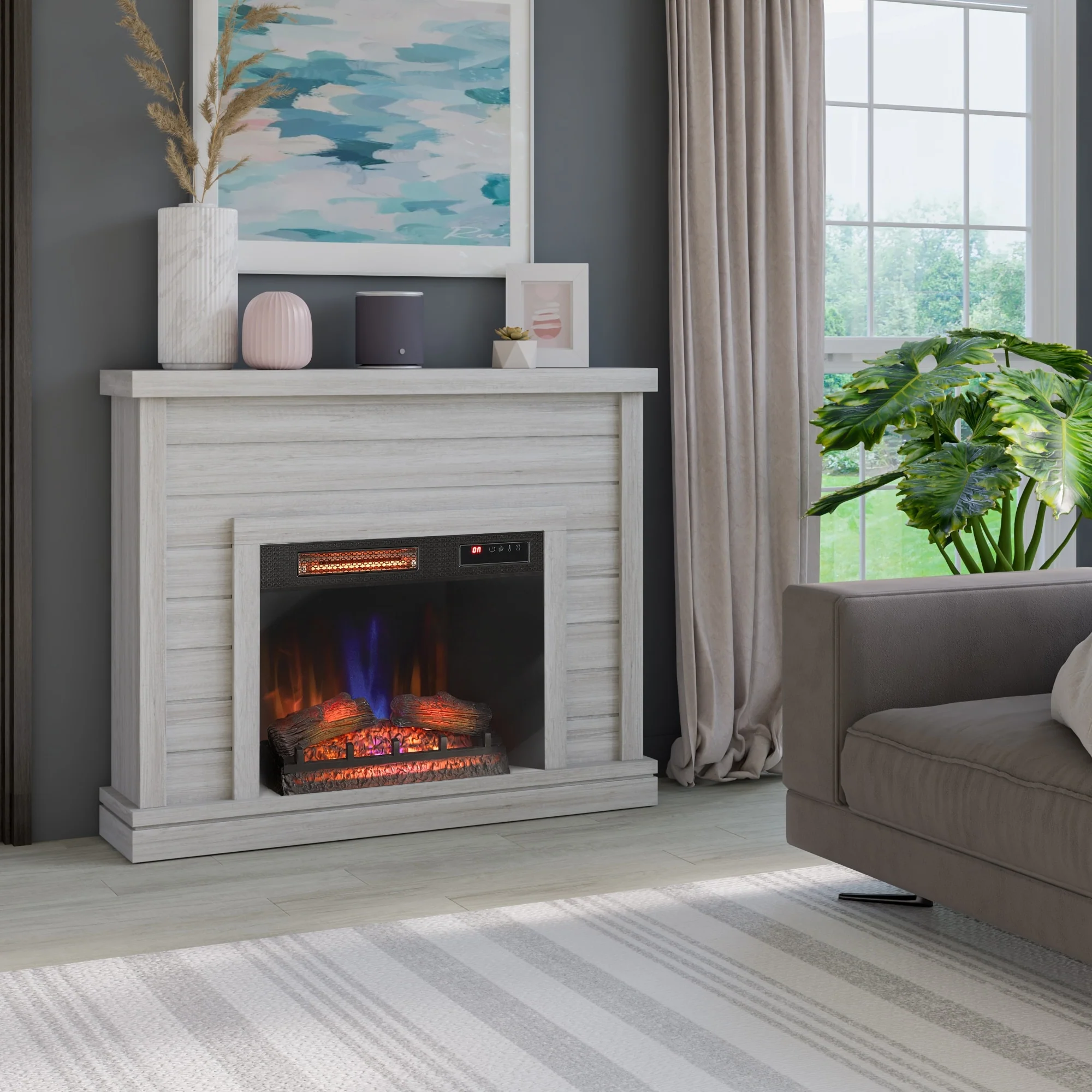52" Shiplap Wall Fireplace Mantel, Modern Electric Fireplace with 3D Flame Effect Insert for Home Decor - Image 7