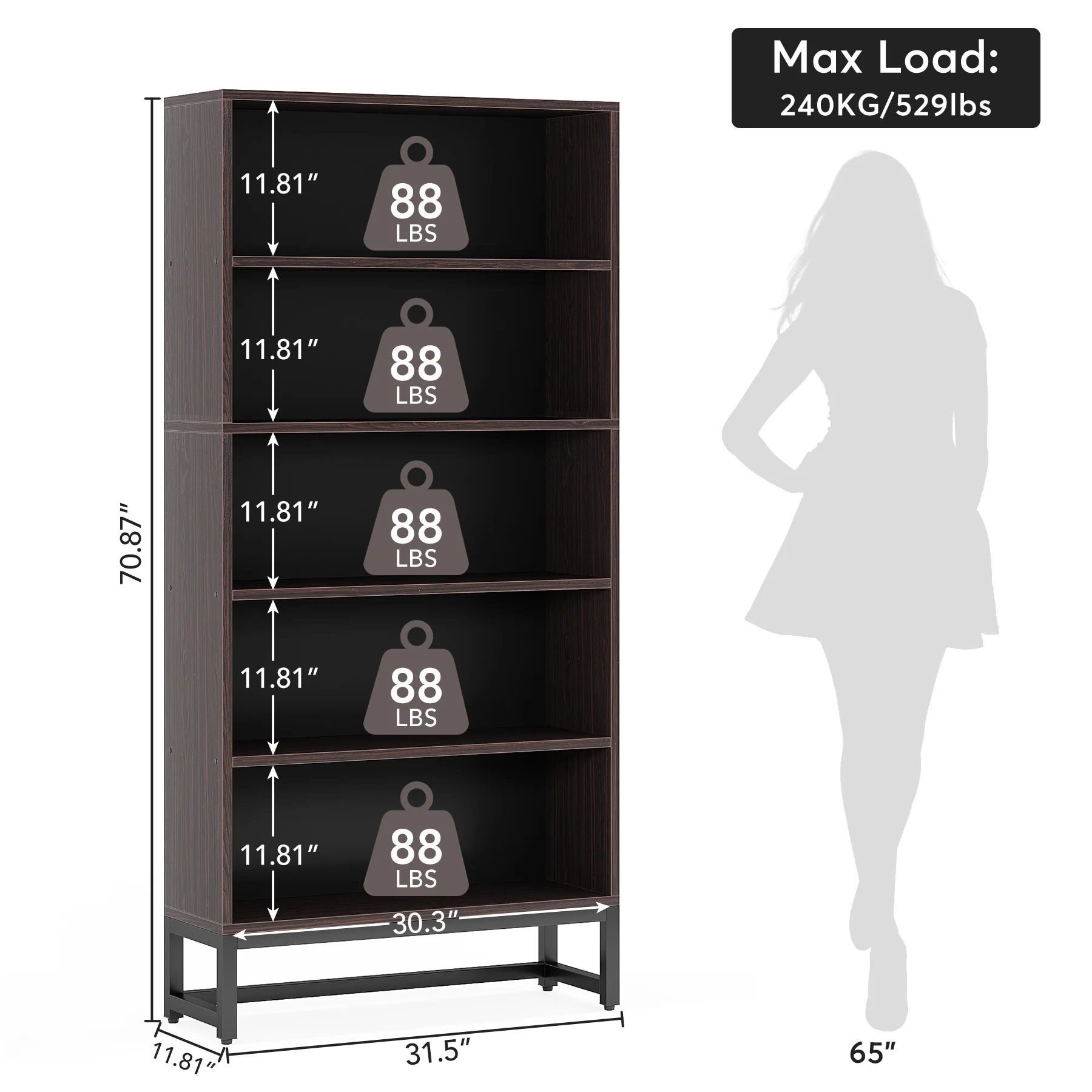 70.87 Inch Tall 5-Tier Bookcase, Large Bookshelf with 31.5 Inch Wide Storage - Image 23