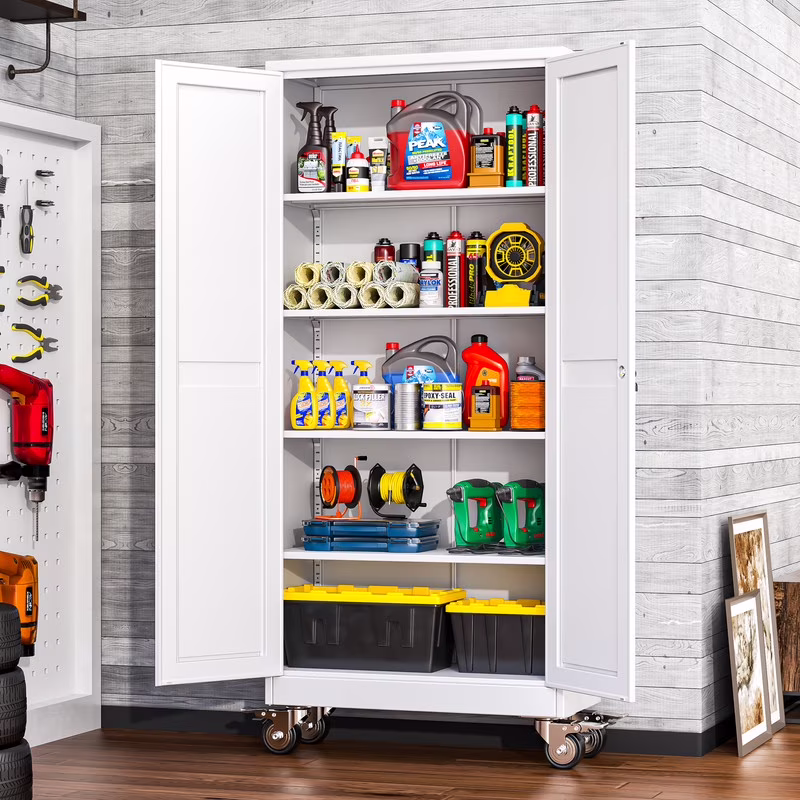 Erosoei 75"H Metal Garage Storage Cabinet with Wheels, Tool Storage Cabinet with 5 Adjustable Shelves - Image 3