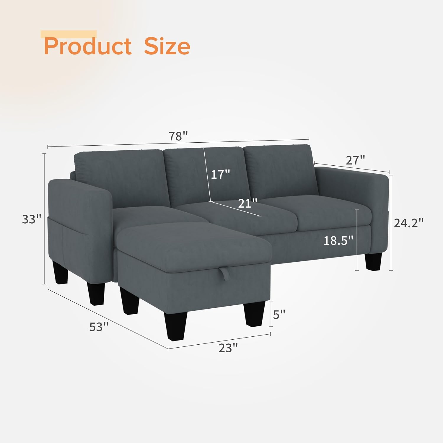 Convertible Sectional Sofa Couch,Classic 3 Seat L-Shaped Sofa with Movable Ottoman, Modern Dark Grey Velvet Fabric Upholstered Small Sectional Sofa Couch for Small Apartment Living Room Office - Image 2