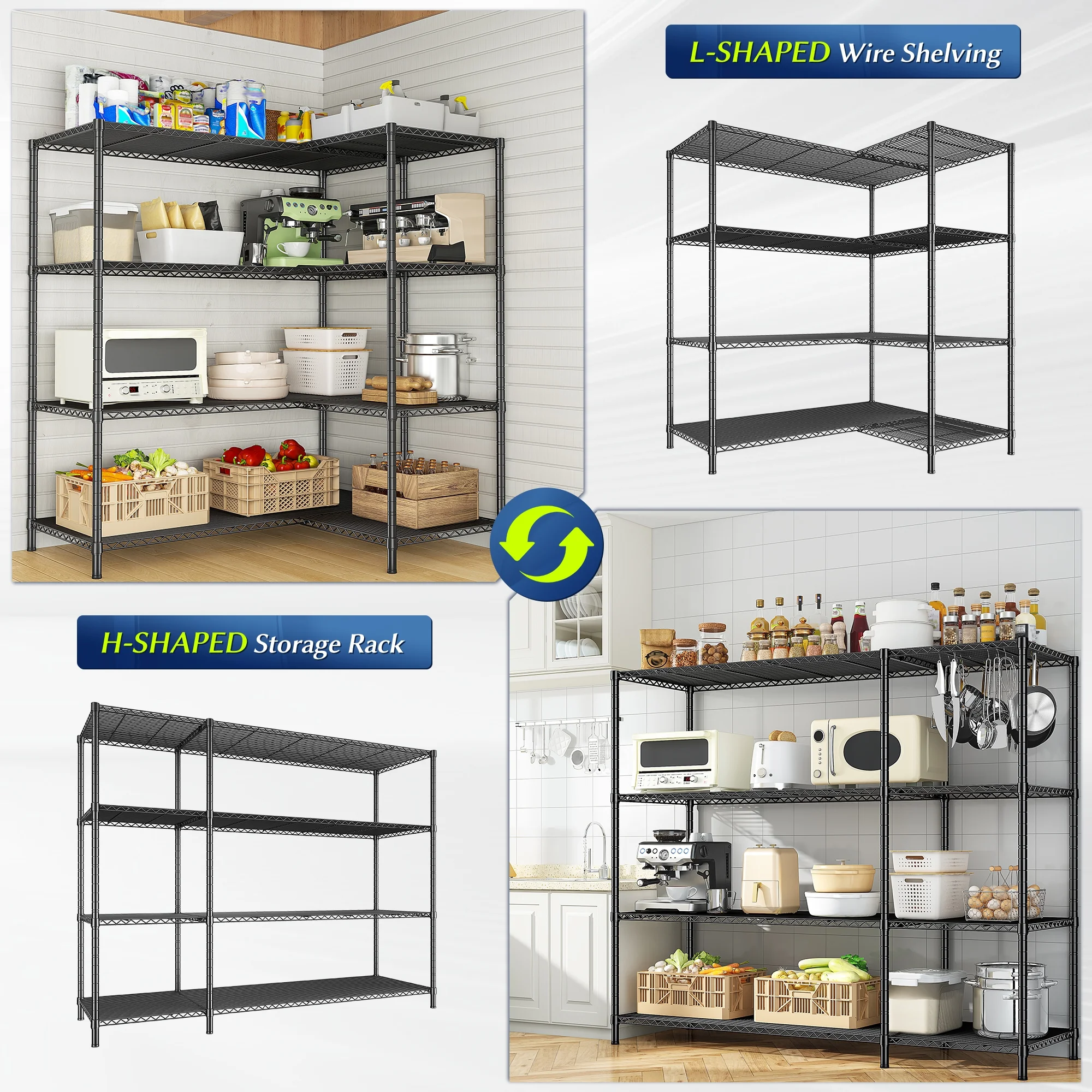 REIBII Heavy Duty 4-Tier Metal Wire Shelving Unit,Adjustable L-Shape Corner Storage Rack for Garage,Pantry,Kitchen,1120 lbs Capacity - Image 5