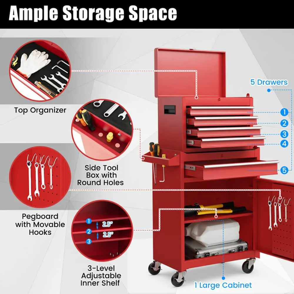 Demifill 2-in-1 Tool Chest and Cabinet with 5 Sliding Drawers, Large Storage Space and Detachable Design, Red - Image 6