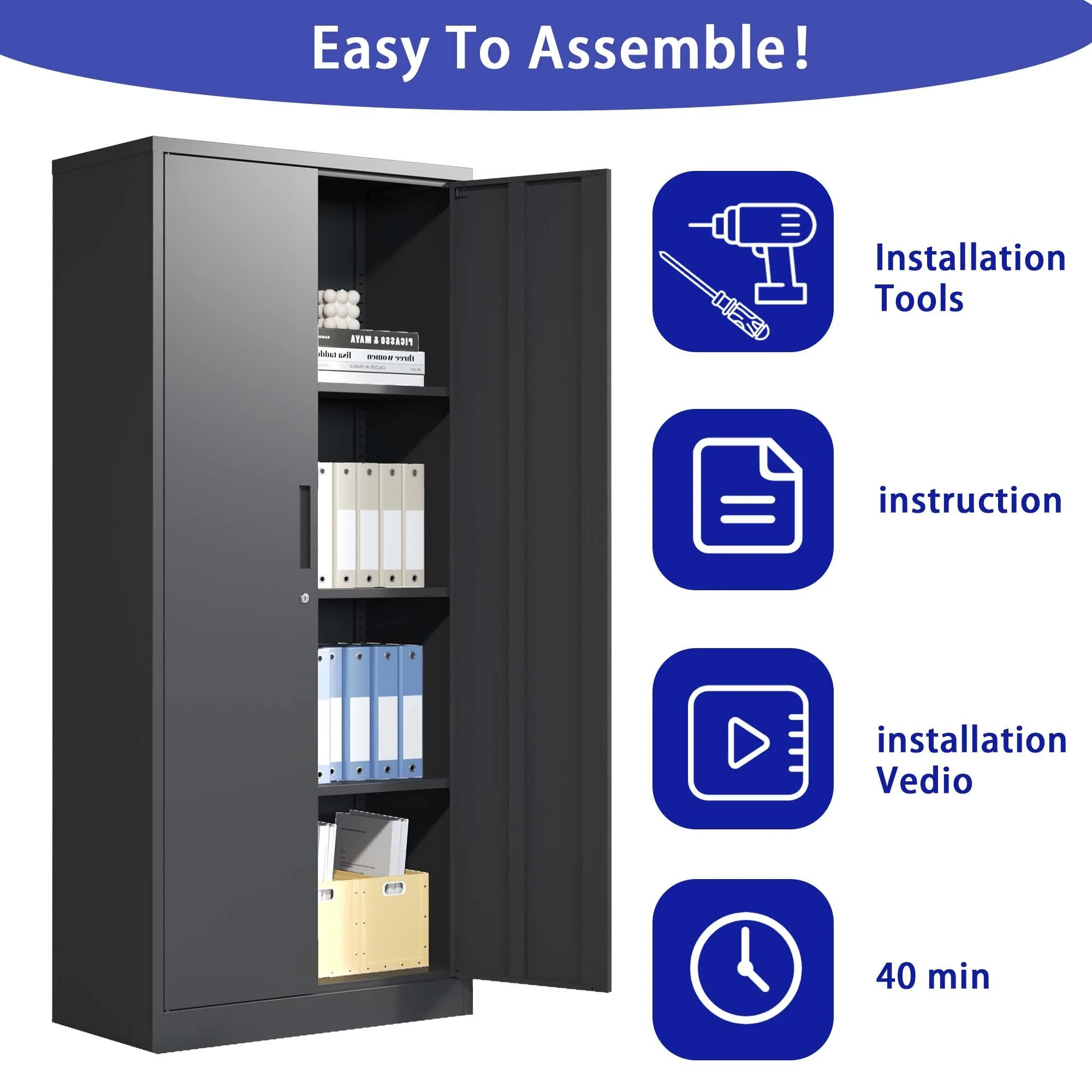 DUOSONG 71"H Metal Garage Storage Cabinet, Black Tool Steel Locking Cabinet With Doors And 3 Shelves, Tall Cabinets For Garage Storage Systems Lockable File Cabinet For Home Office, Classroom/Pantry - Image 12