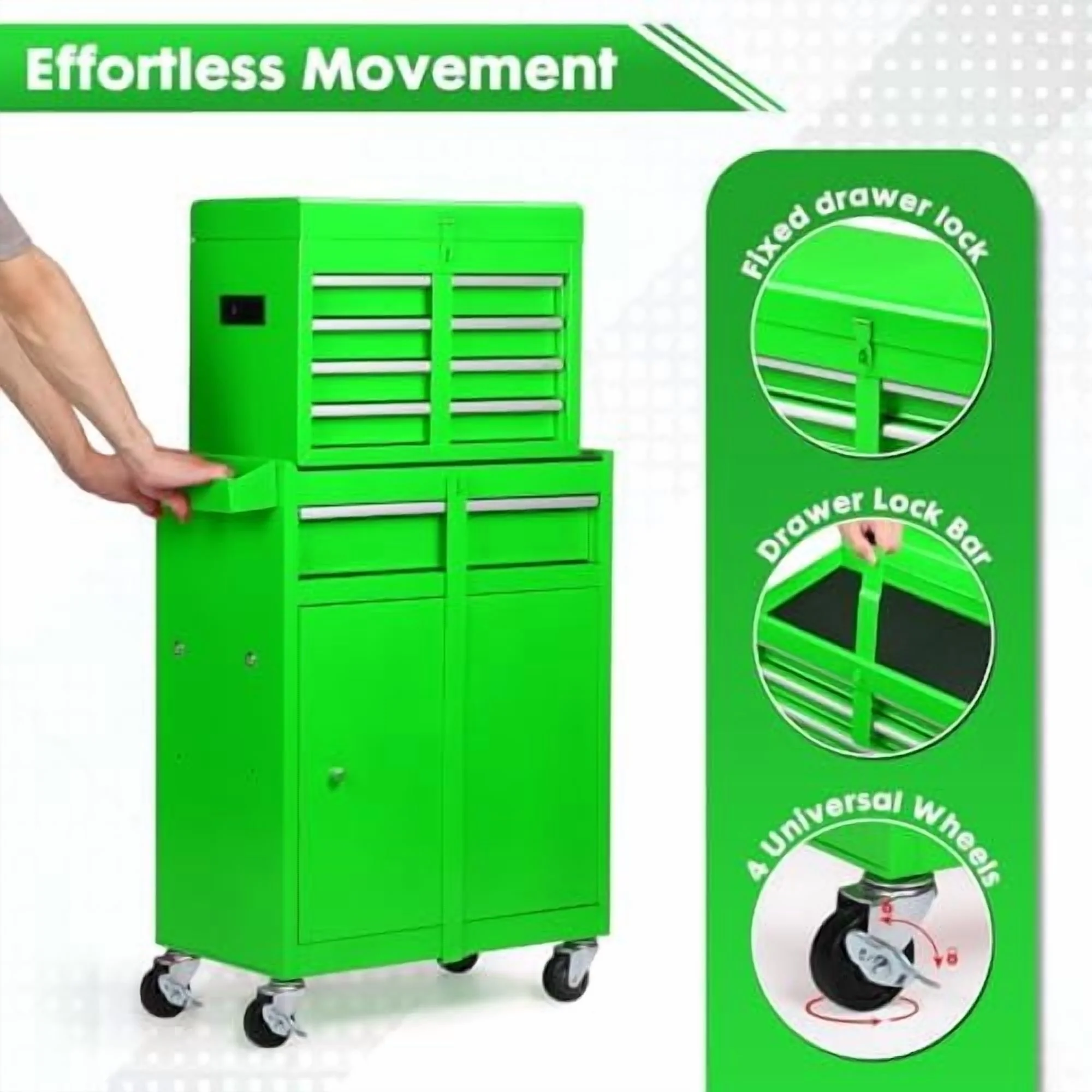 5-Drawer Rolling Tool Chest -C 2-in-1 Lockable Tool Box with Wheels, Sliding Drawers & Detachable Top -C Garage & Workshop Storage Cabinet, Green - Image 4