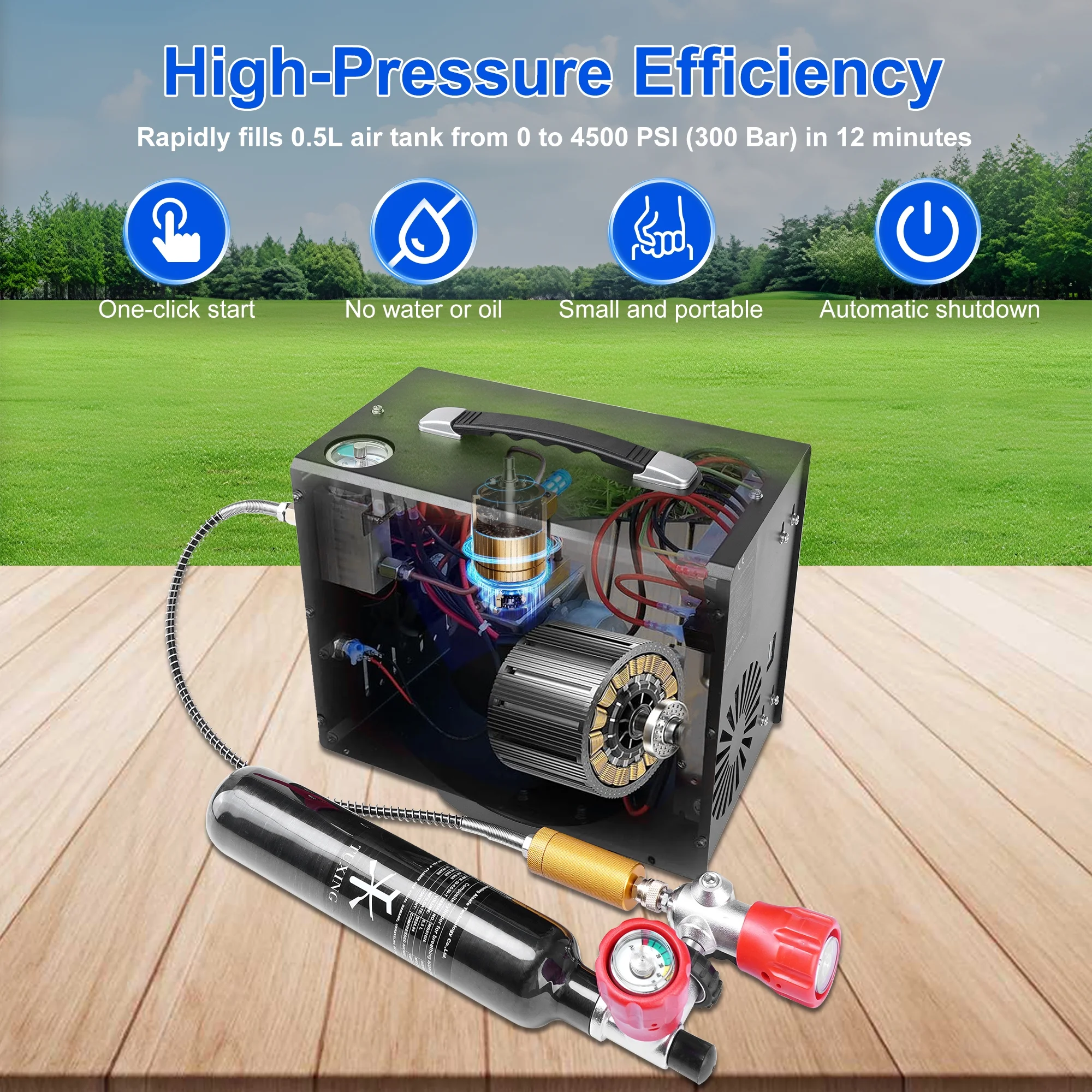 TUDIVING PCP Air Compressor, Built in Converter, 4500psi/300bar Pcp Compressor Auto stop - Image 2