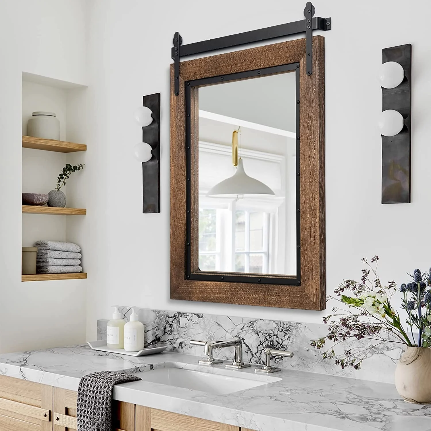 Farmhouse Barn Door Style Bathroom Vanity Mirror, Natural Wood Wall Mirror for Bathroom, Bedroom and Entryway - Image 11
