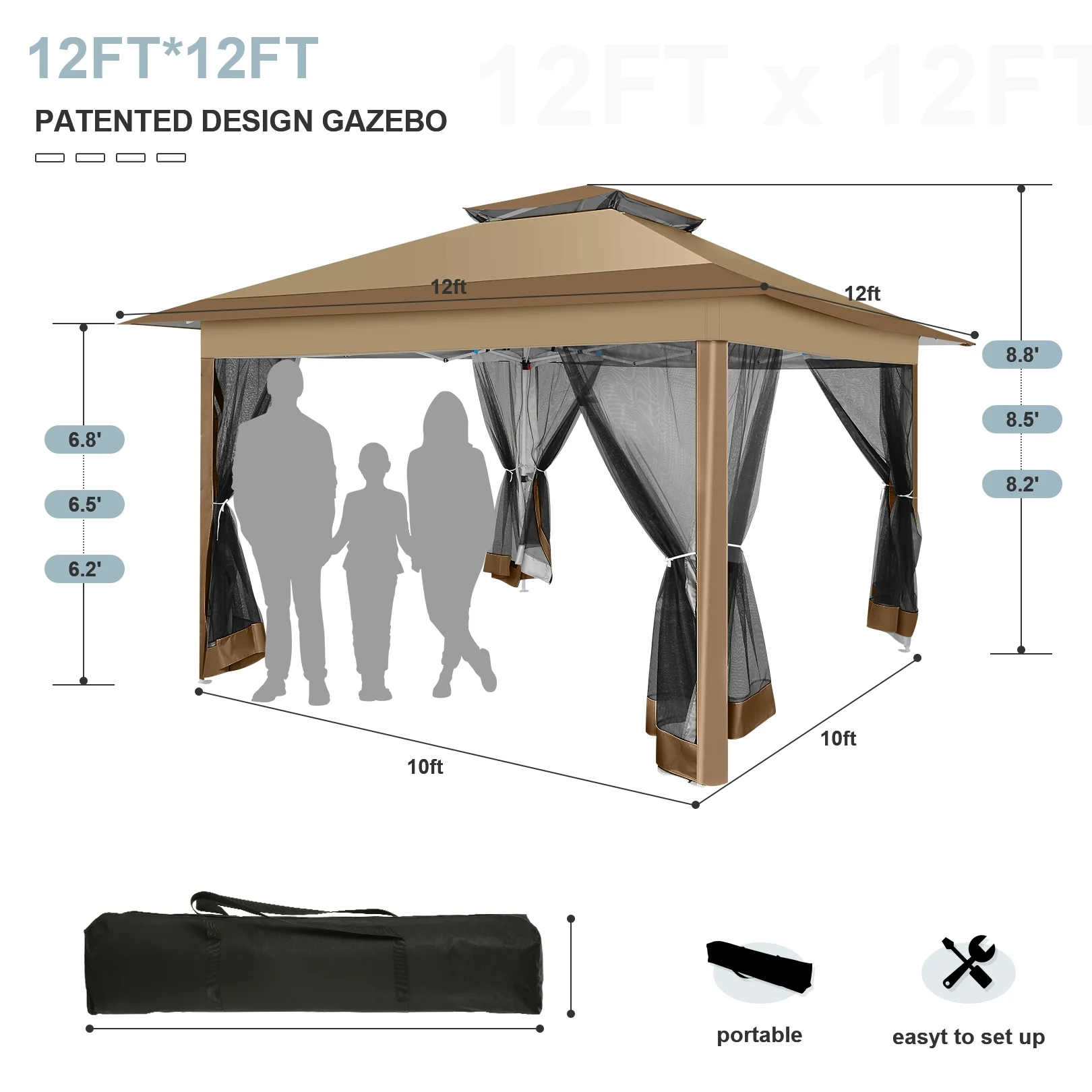 COBIZI 11x11 Pop up Gazebo Outdoor Canopy Gazebo Patio Gazebo with Mosquito Netting Canopy Shelter with 121 Square feet of Shade for Poolside, Garden, Party and Backyard, Khaki - Image 54