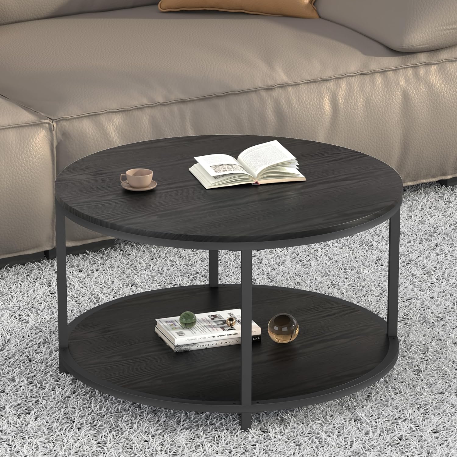 Round Coffee Table, 36" Coffee Table for Living Room, 2-Tier Rustic Wood Desktop with Storage Shelf, Modern Design Home Furniture (Light Walnut) - Image 10