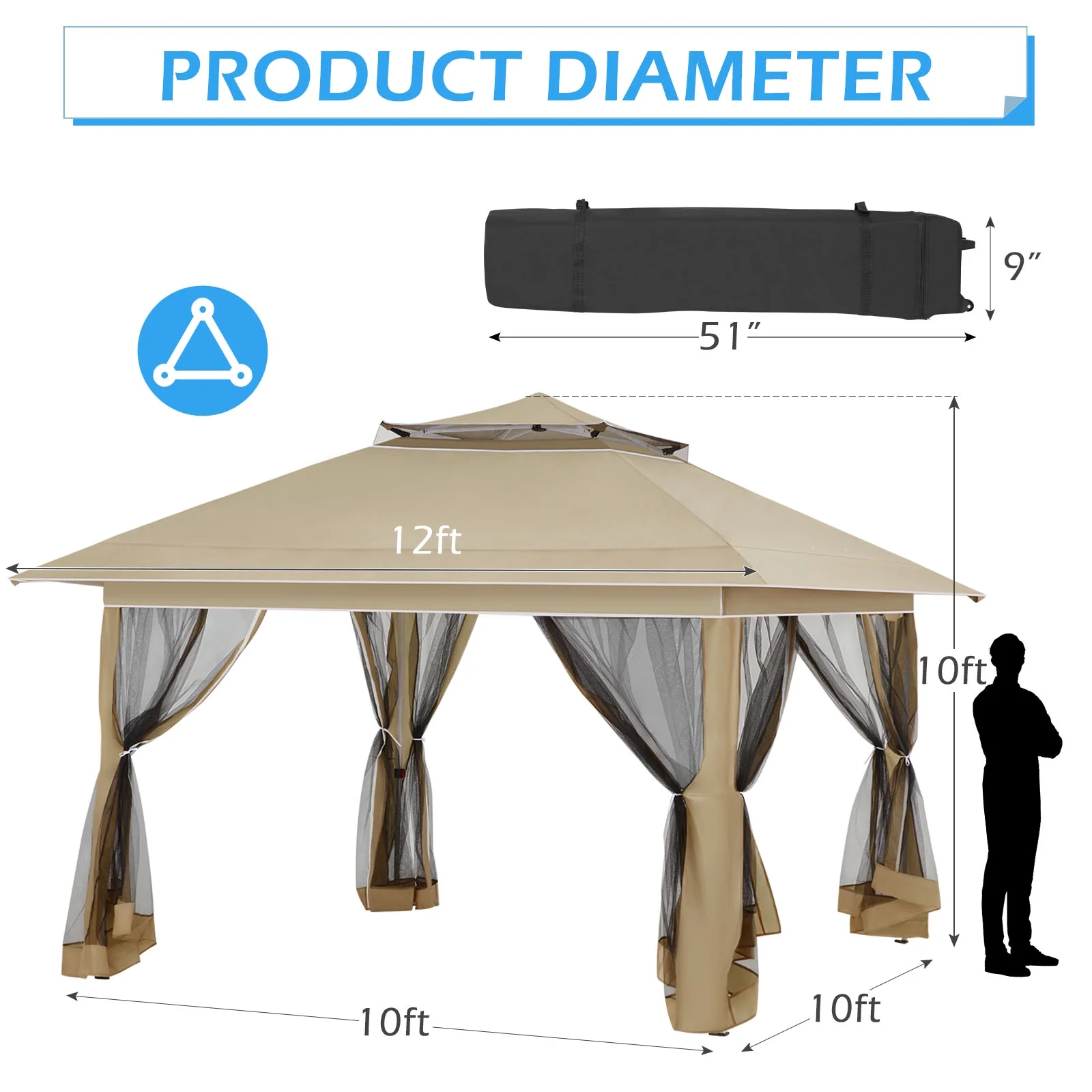 AVAWING 12x12 ft Outdoor Pop-up Canopy Party Tent Easy Setup Patio Wedding Tent, Khaki - Image 66