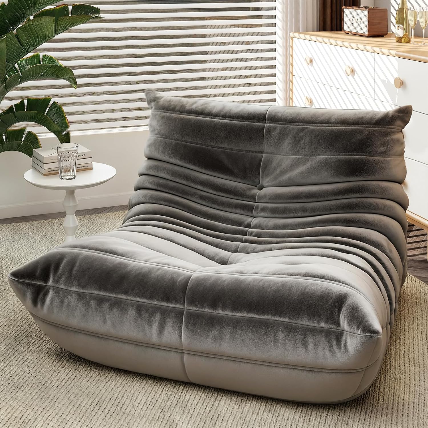 Bean Bag Chair for Adults, High-Density Foam, Dutch Velvet, Grey - Image 2