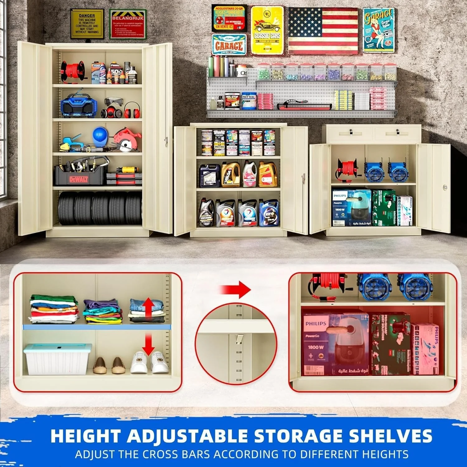 36" Metal Garage Storage Cabinet with 2 Locking Doors and 2 Adjustable Shelves Grey - Image 6