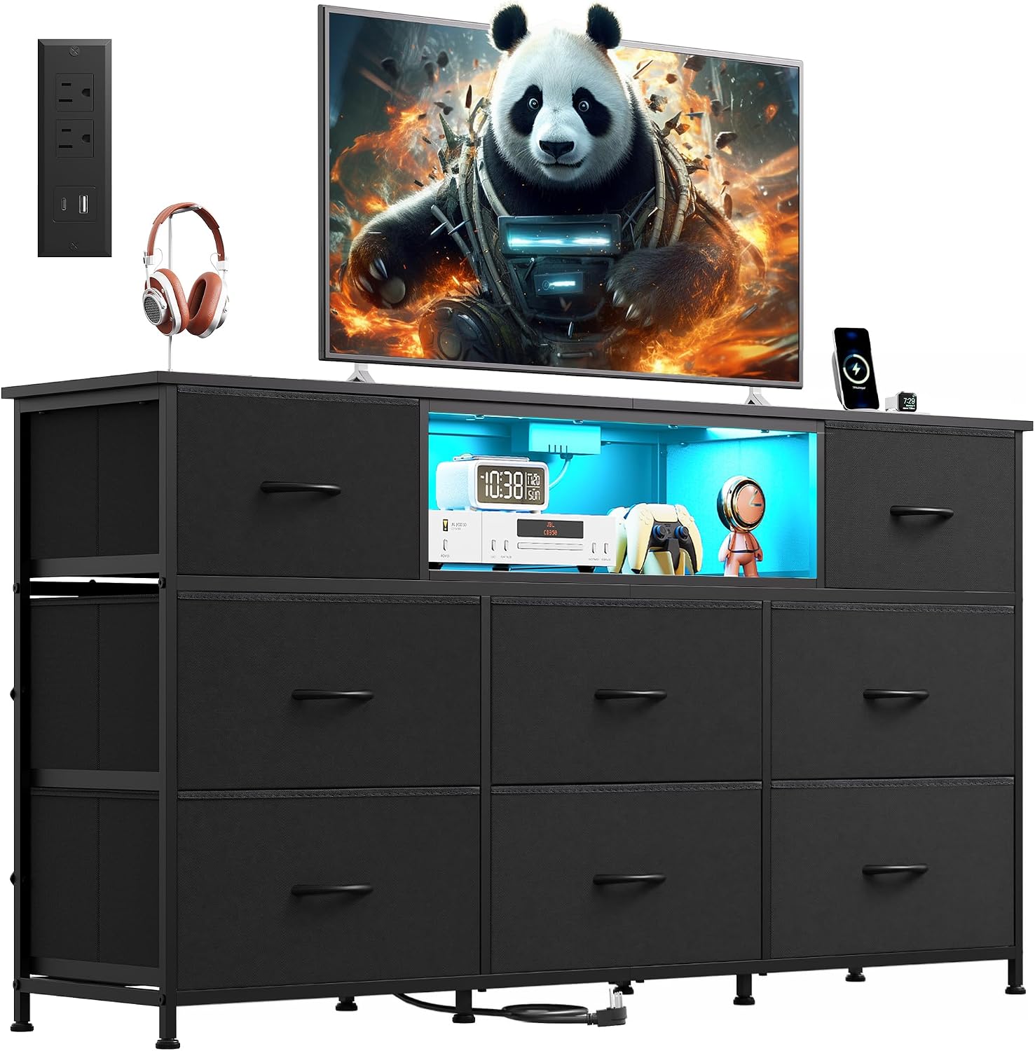 LED Dresser TV Stand for 65 Inch TV, 8 Drawers, Black - Image 9