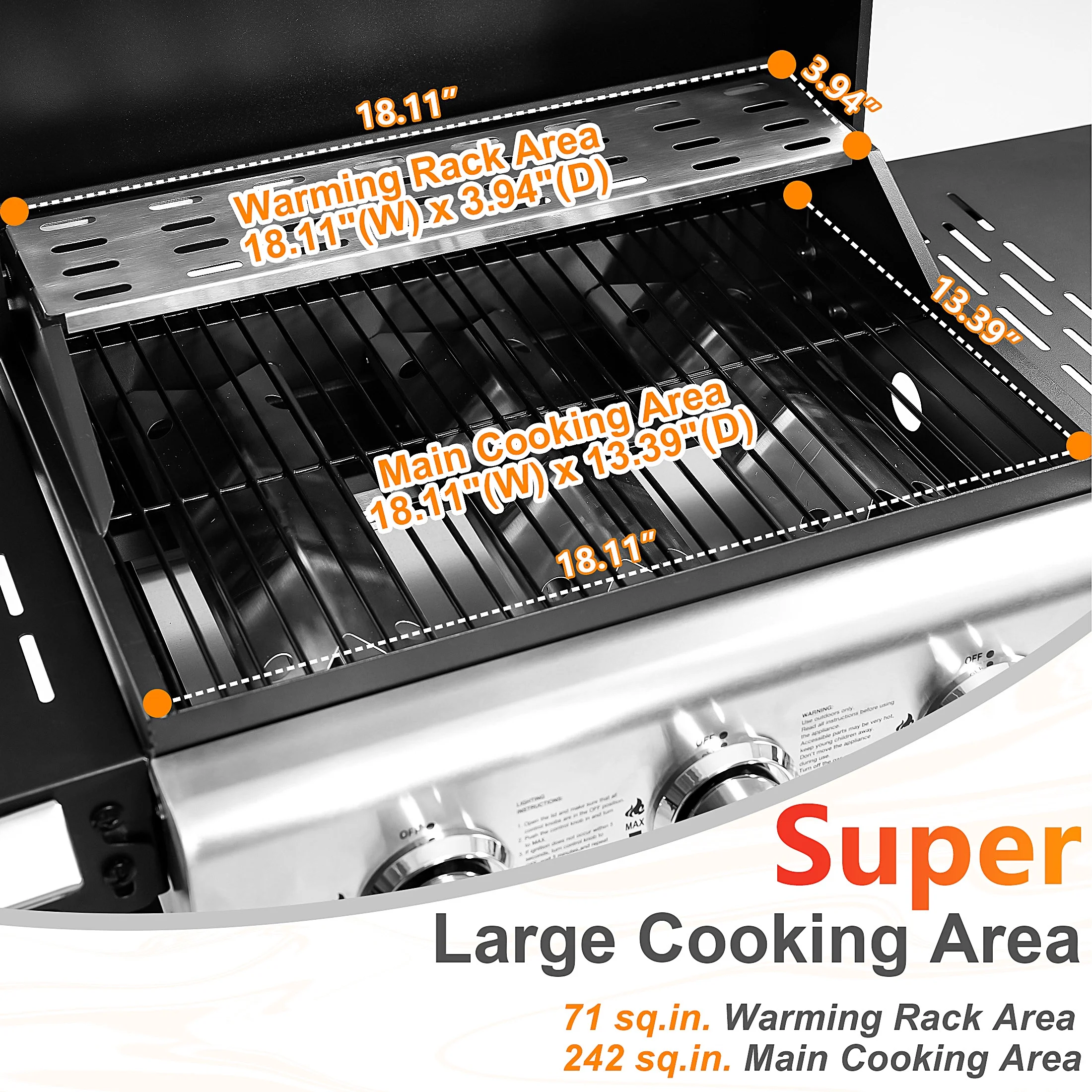 Segmart 3 Burner BBQ Propane Gas Grill, Stainless Steel 30,000 BTU Patio Garden Barbecue Grill with Folding Side Tables, Hanging Basket & Thermometer, Perfect for Camping, Outdoor Cooking - Image 6