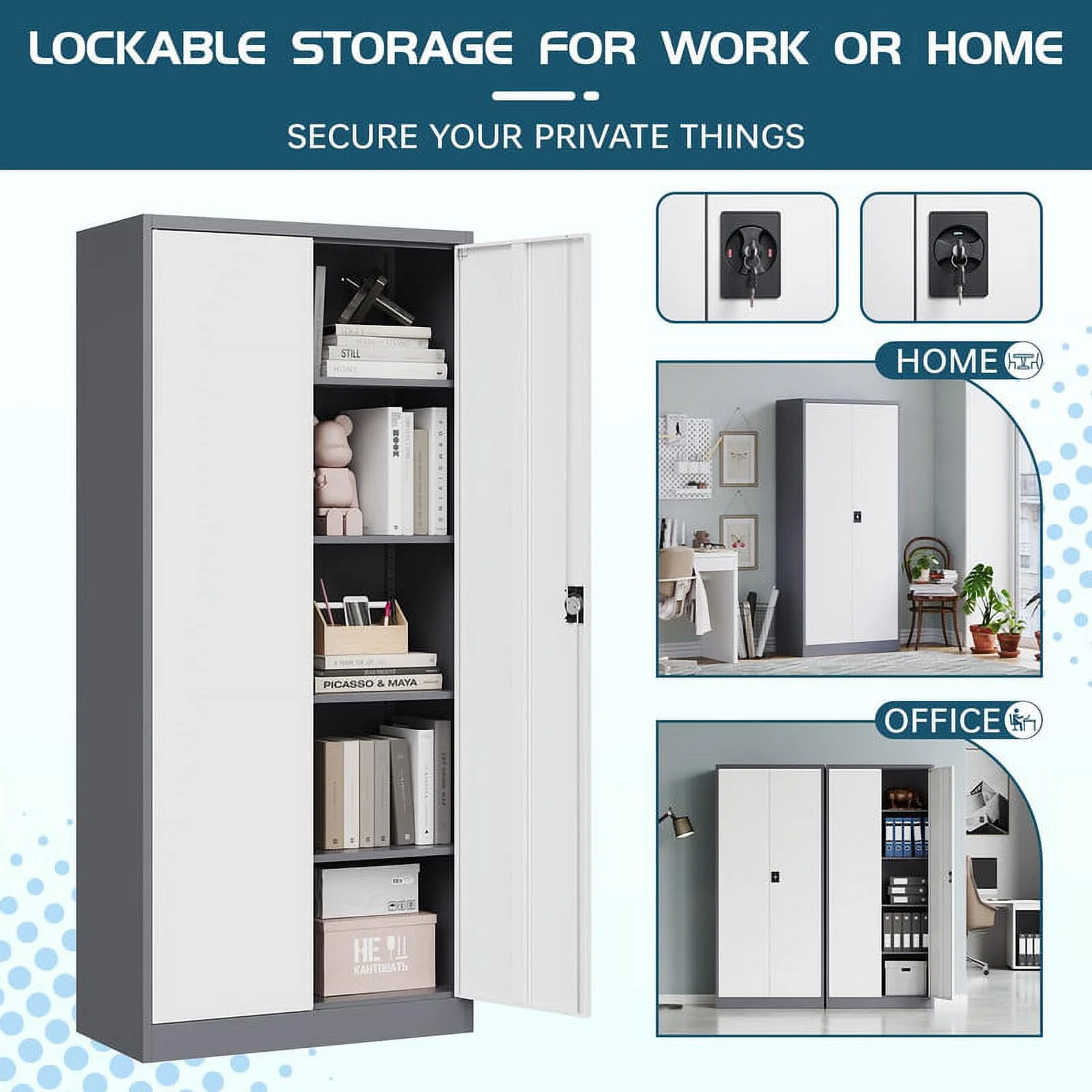 MIIIKO 71" Metal Storage Locker Metal Garage Locker Cabinets with Locking Door and 4 Adjustable Shelves, Steel Classic Storage Cabinet for Home, School, Office, Garage - Image 16