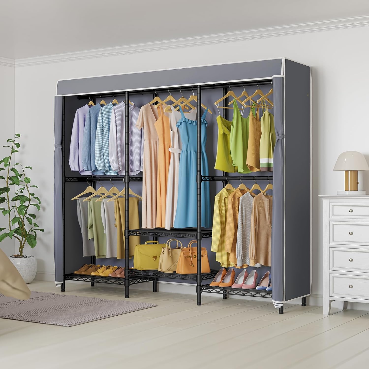 V5C SE Covered Garment Rack Heavy Duty Clothes Rack with Cover and Adjustable Shelves, Freestanding Portable Closet Racks Clothes Storage Wardrobe Closets, Black Clothing Racks with Grey Cover - Image 2