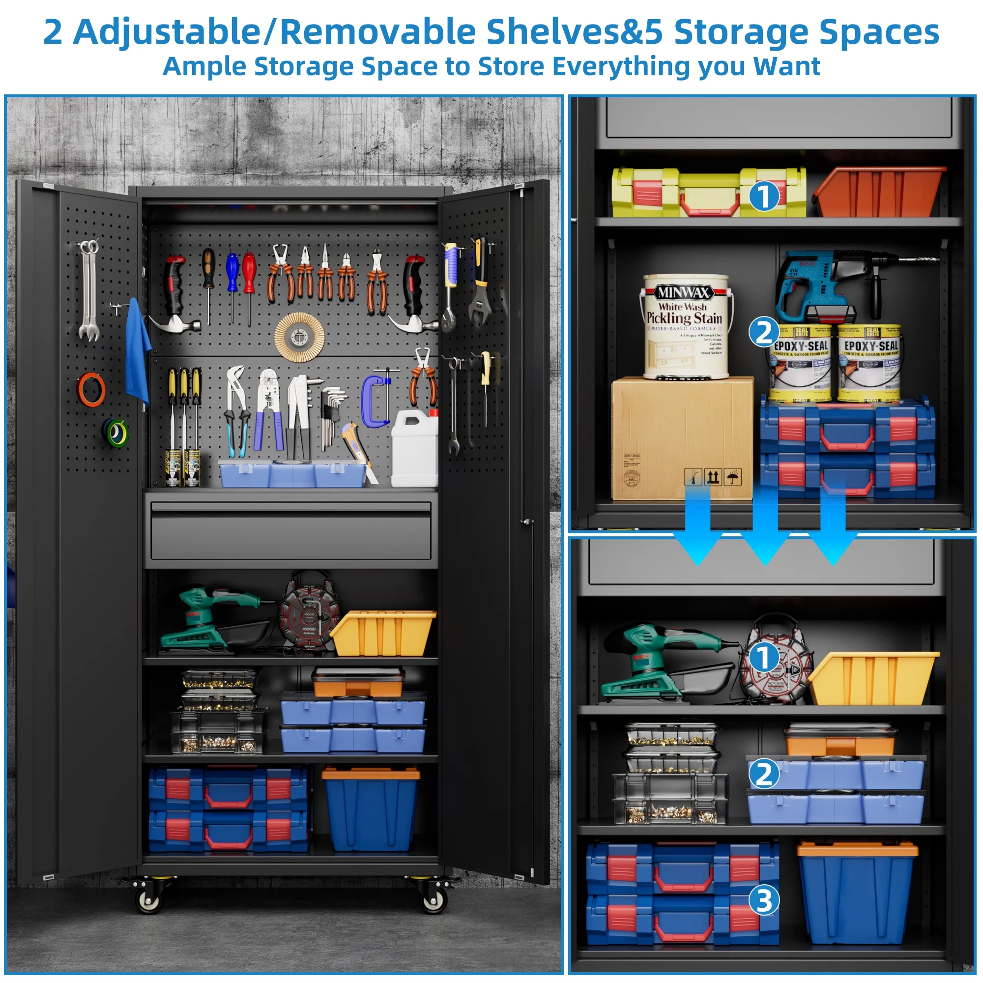 Gaeanet Rolling Tool Storage Cabinet with 5 Adjustable Shelves and Pegboard,Metal Garage Storage Cabinet with Wheels for Garage Home Office Utility Room,71" H-32" W-16" D,Required Assembly, Black - Image 119
