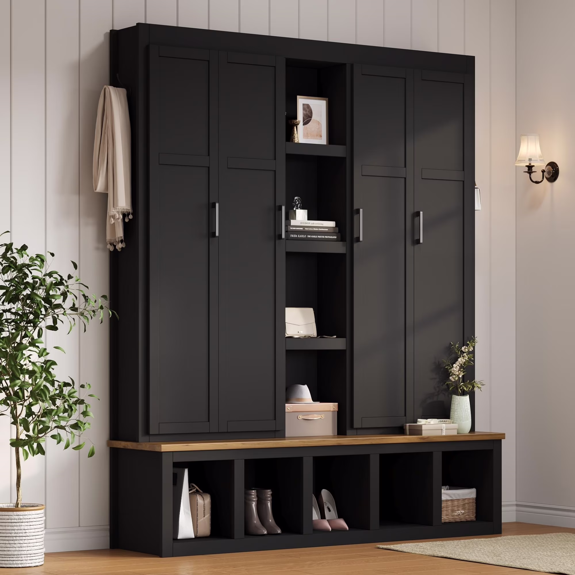 Euroco Modern Farmhouse Hall Tree -C 4-in-1 Entryway Bench with Cabinets, Hooks & Shoe Storage, Wood-Grain Finish, Handles, Anti-Tip Safety