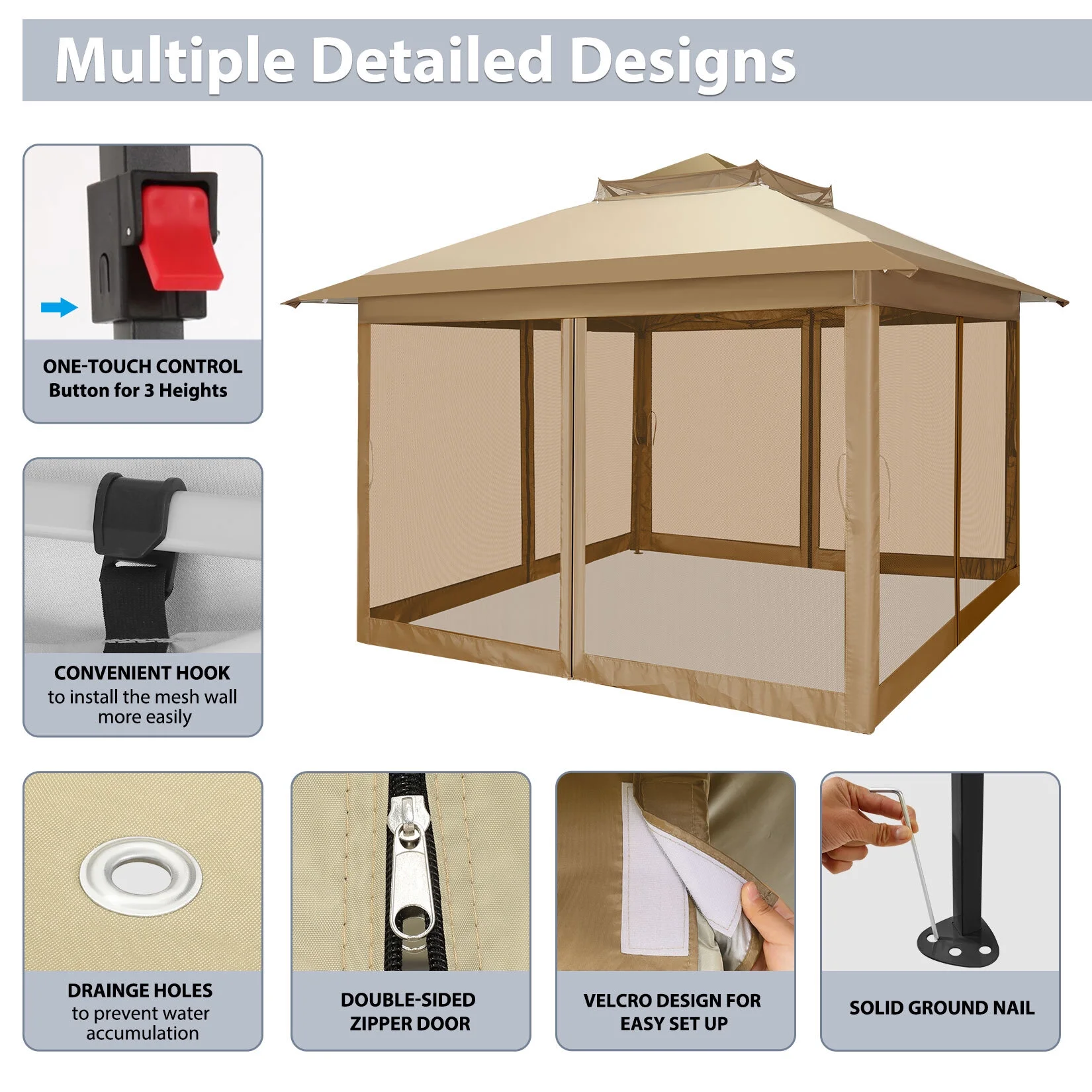 COBIZI 11x11 Pop up Gazebo Outdoor Canopy Gazebo Patio Gazebo with Mosquito Netting Canopy Shelter with 121 Square feet of Shade for Poolside, Garden, Party and Backyard, Khaki - Image 12