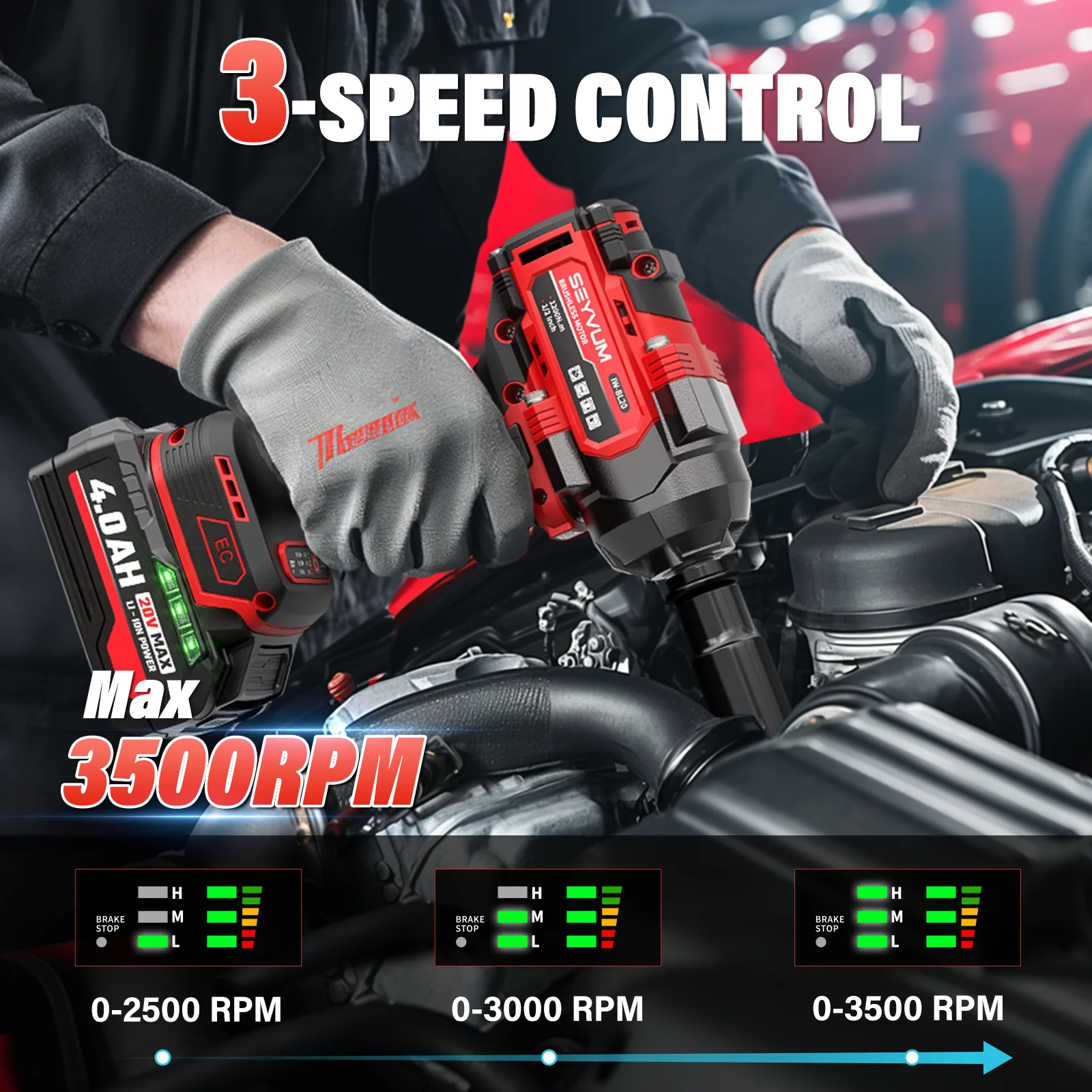 Cordless Impact Wrench, 1/2" Impact Gun, Max Torque 440 Ft-lbs (600 N.m) Heavy Duty Cordless Impact Driver, 3500 RPM Electric Impact Drill, 20V Brushless, 2x4.0Ah Li-ion Battery, 4Pcs Impact Sockets - Image 13