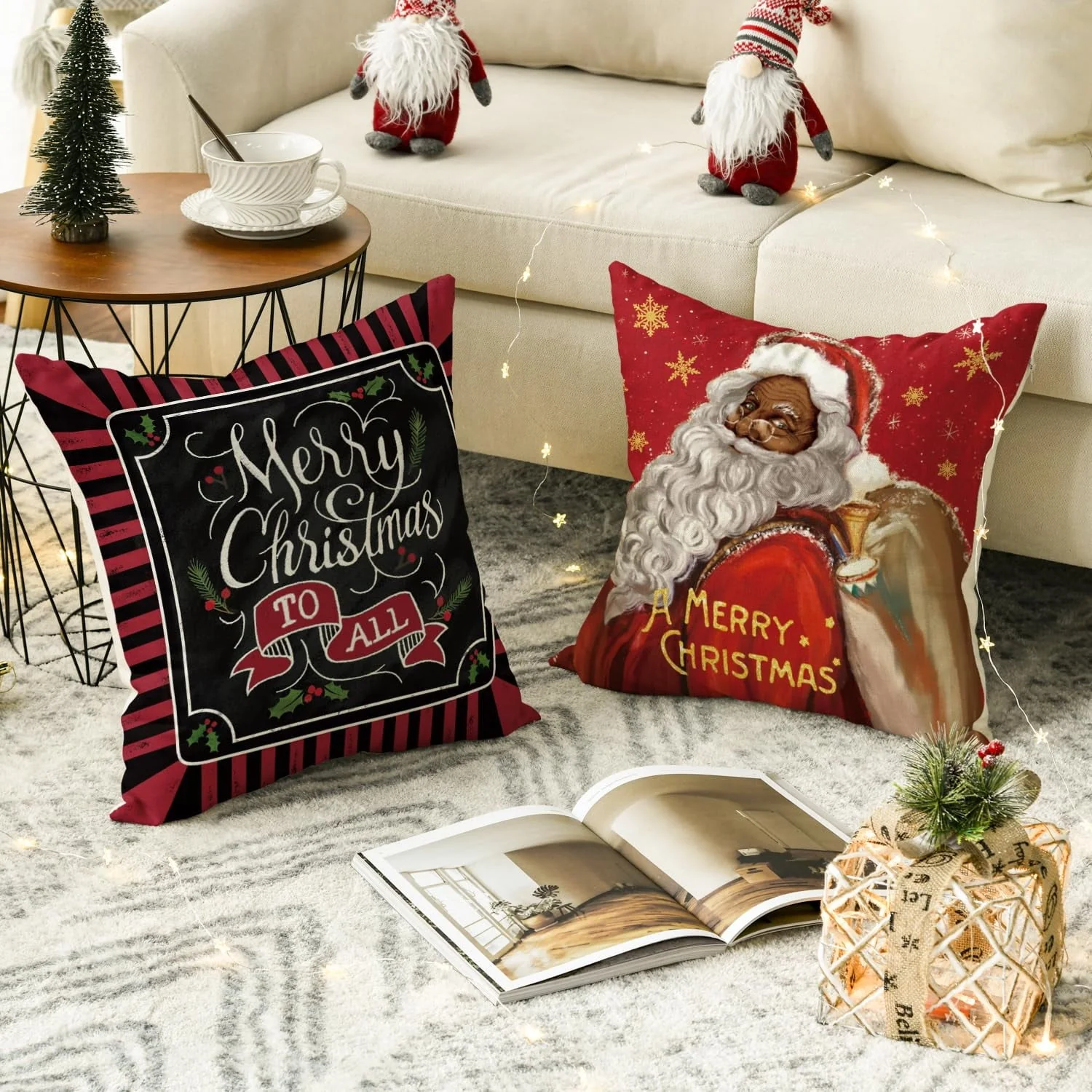 Artoid Mode Merry Christmas Santa Claus Angel Girl Xmas Pillow Covers 4-Pack 18 x 18 Red Black Square Decorative Winter Farmhouse Outdoor Throw Pillow Case - Image 4