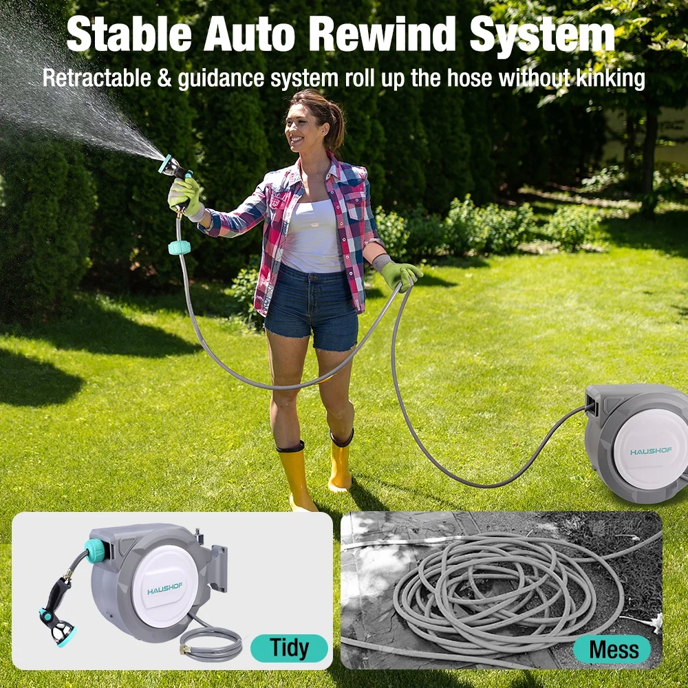HAUSHOF 1/2" x 100 ft Retractable Garden Hose Reel with Automatic Rewind, 10-Pattern Spray Nozzle, Durable High-Pressure Hose, and 180- Swivel Bracket -C Perfect for Watering Gardens, Cleaning Patios - Image 14