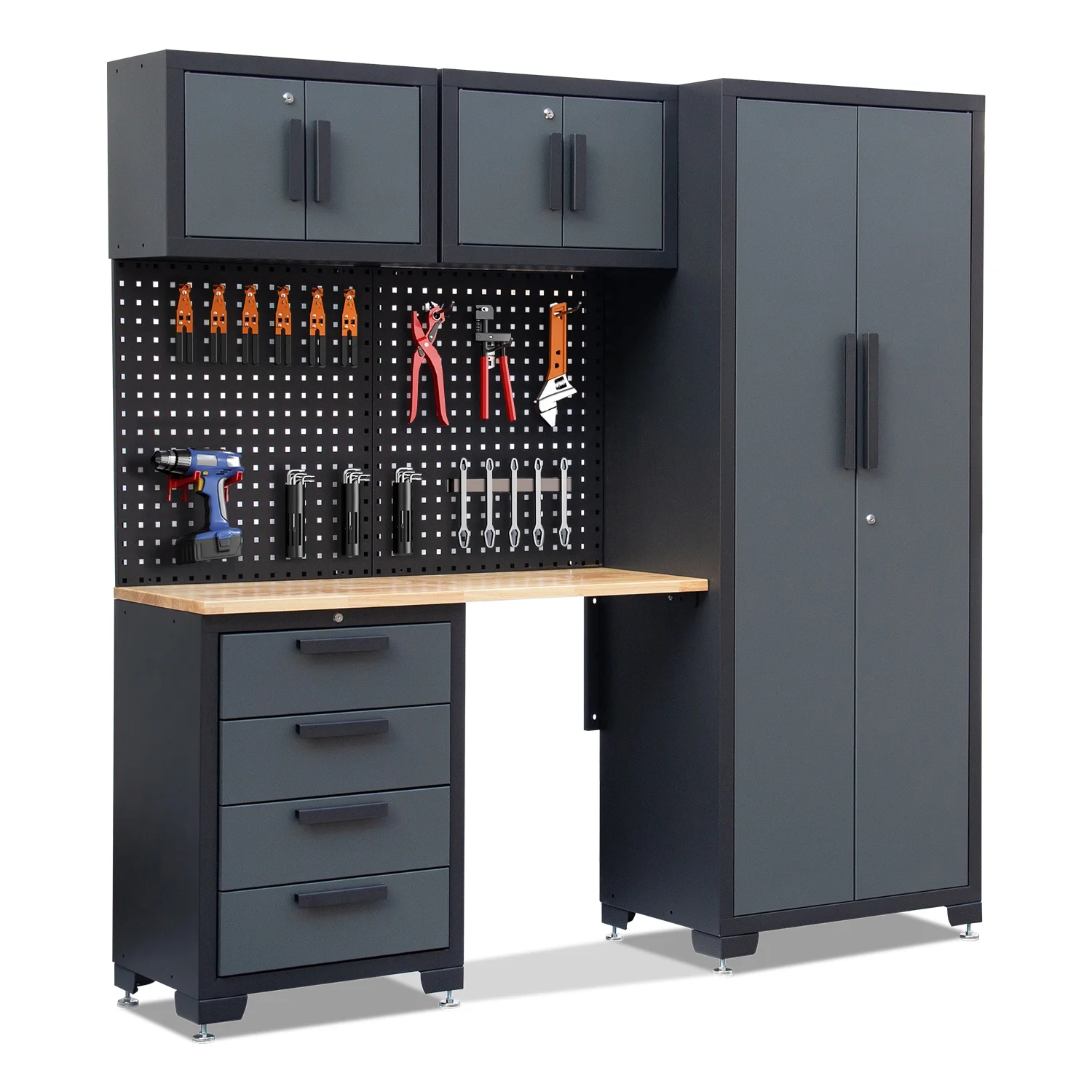 HPDMC Garage Storage Cabinet System 7-Pcs Workshop Set Metal Garage Cabinets System with Steel Cabinet Drawers, Workbench, Pegboard for Garage Tool Organization - Image 11