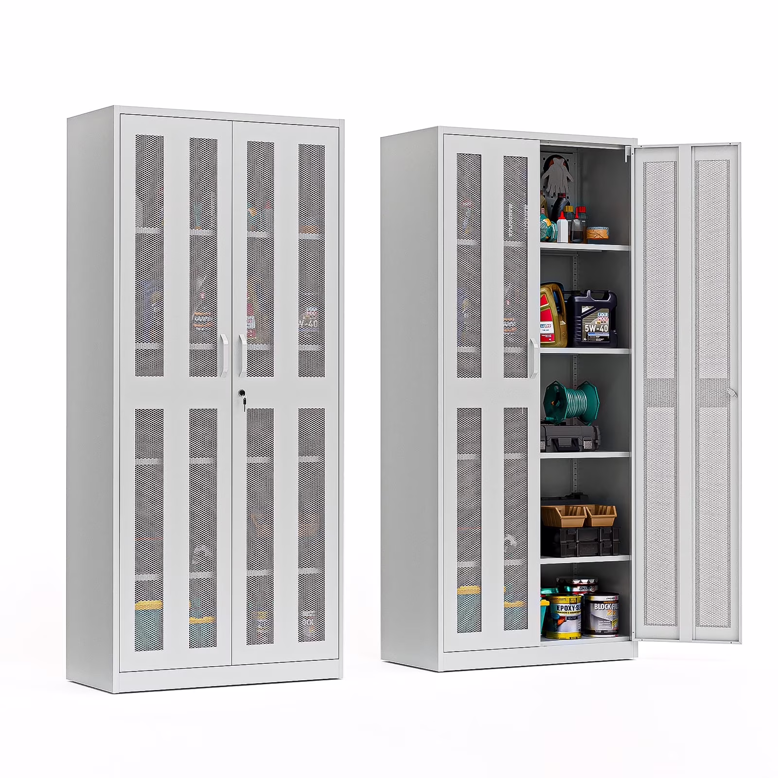 Ktaxon 71"H Metal Garage Storage Cabinet with 2 Mesh Doors, Garage Tool Storage Cabinet with Pegboards and 4 Adjustable Shelves, Locking Steel Tool Cabinets for Garage, Office, Workshop, Warehouse
