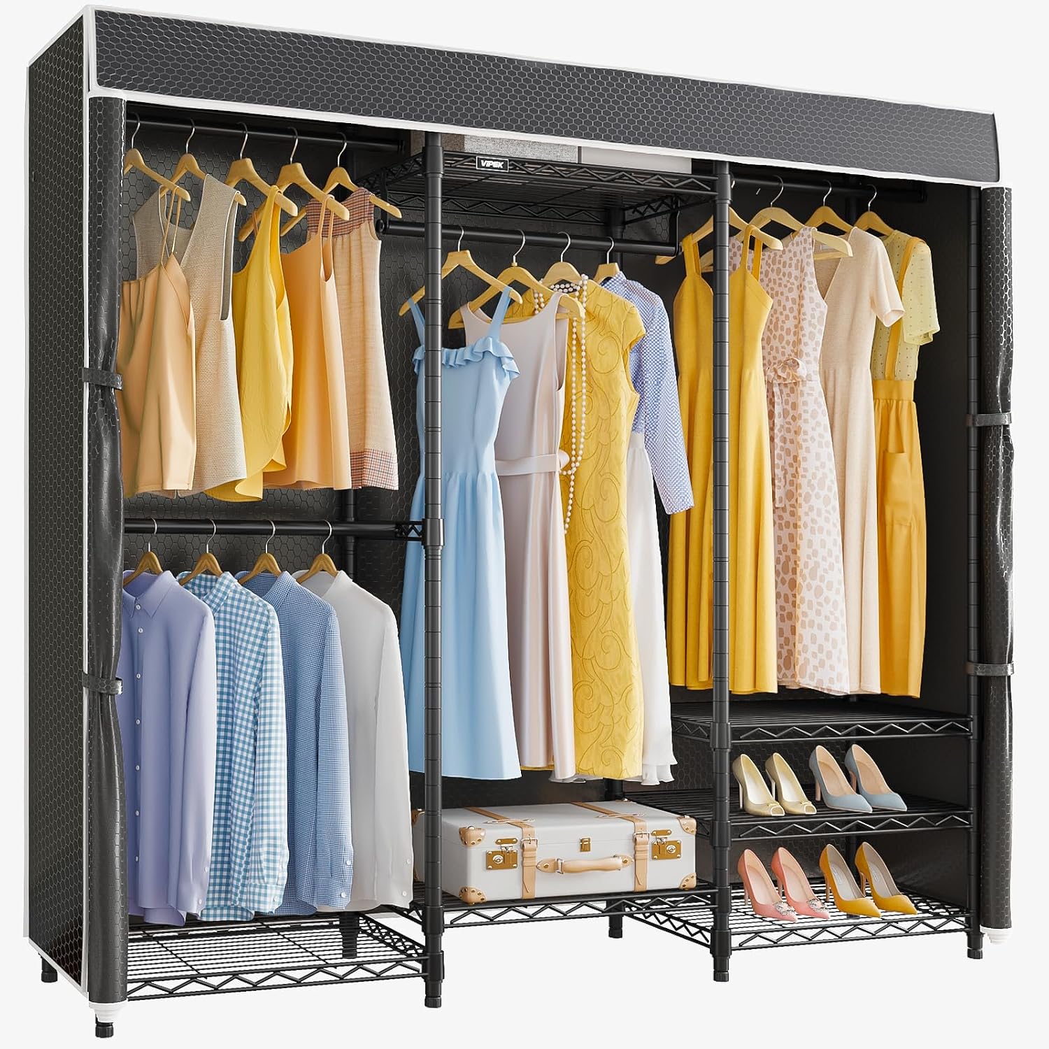 V5C Heavy Duty Covered Clothes Rack Portable Closet Rack, Black Metal Clothing Rack with Black Upgraded Polyester Cover, Adjustable Custom Freestanding Closet Wardrobe, Max Load 800LBS - Image 6