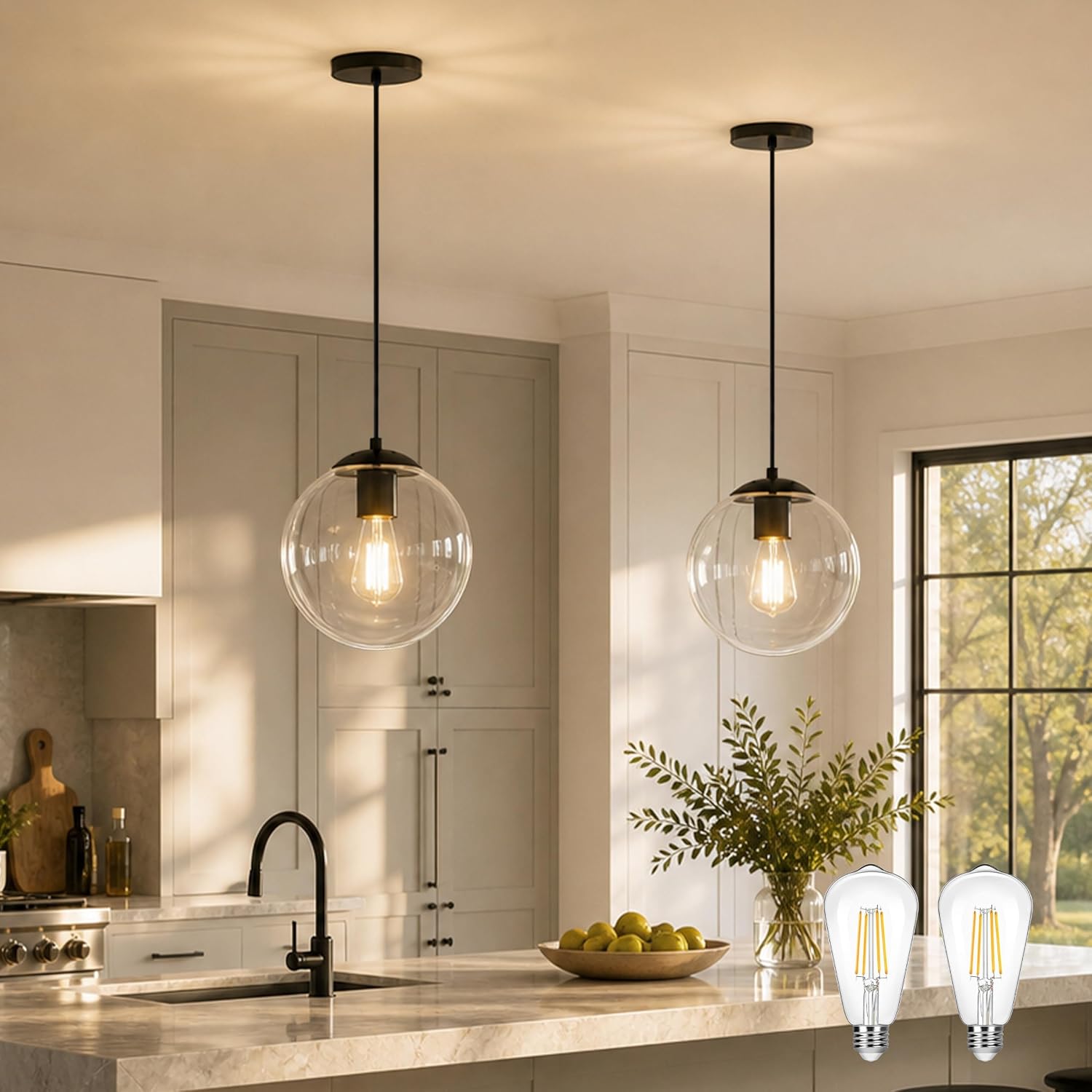14" Gold Globe Pendant Light, Mid Century Pendant Light, Clear Glass Pendant Lights, Kitchen Island Adjustable Hanging Light Fixture for Dining Room, Bedroom, Kitchen Island - Image 5