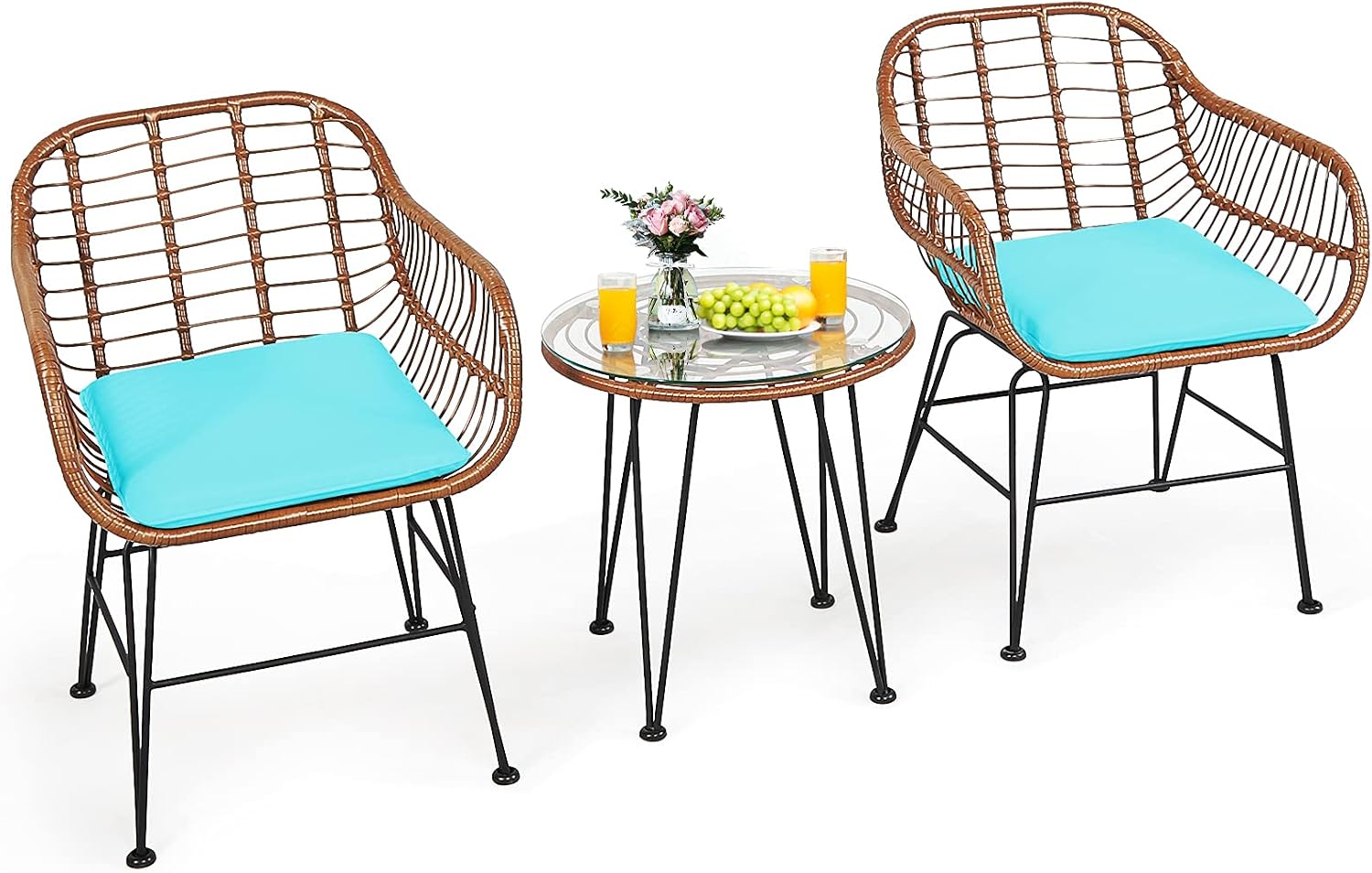 3 Pieces Patio Bistro Set, Rattan Conversation Set with 2 Cushioned Armchairs & Round Glass Coffee Table, Indoor Outdoor Wicker Furniture Set for Balcony, Backyard, Garden, Poolside - Image 9