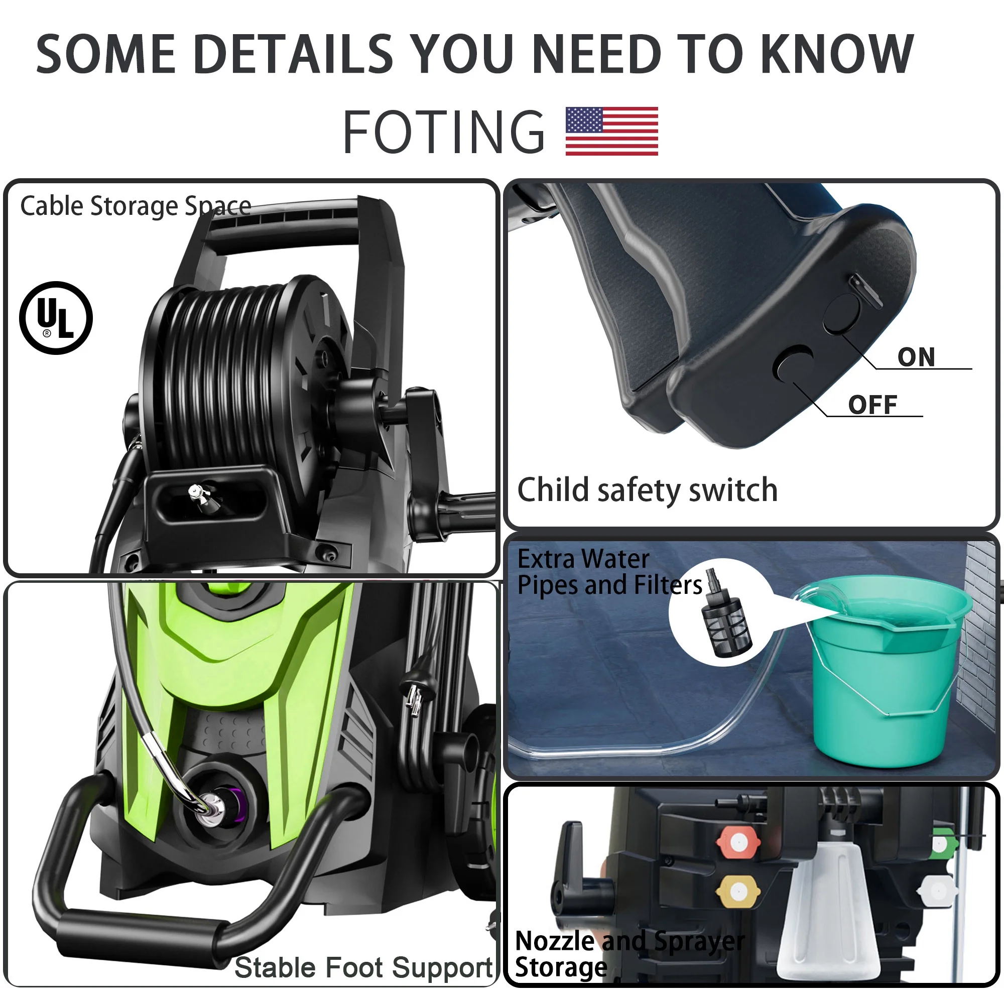 FOTING Electric Pressure Washer, 4500 PSI 3.2 GPM Power Washer with 4 Quick Connect Nozzles, High Pressure Cleaning Machine with Foam Cannon for Cars/Fences/Driveways/Patios/Home Cleaning - Image 8
