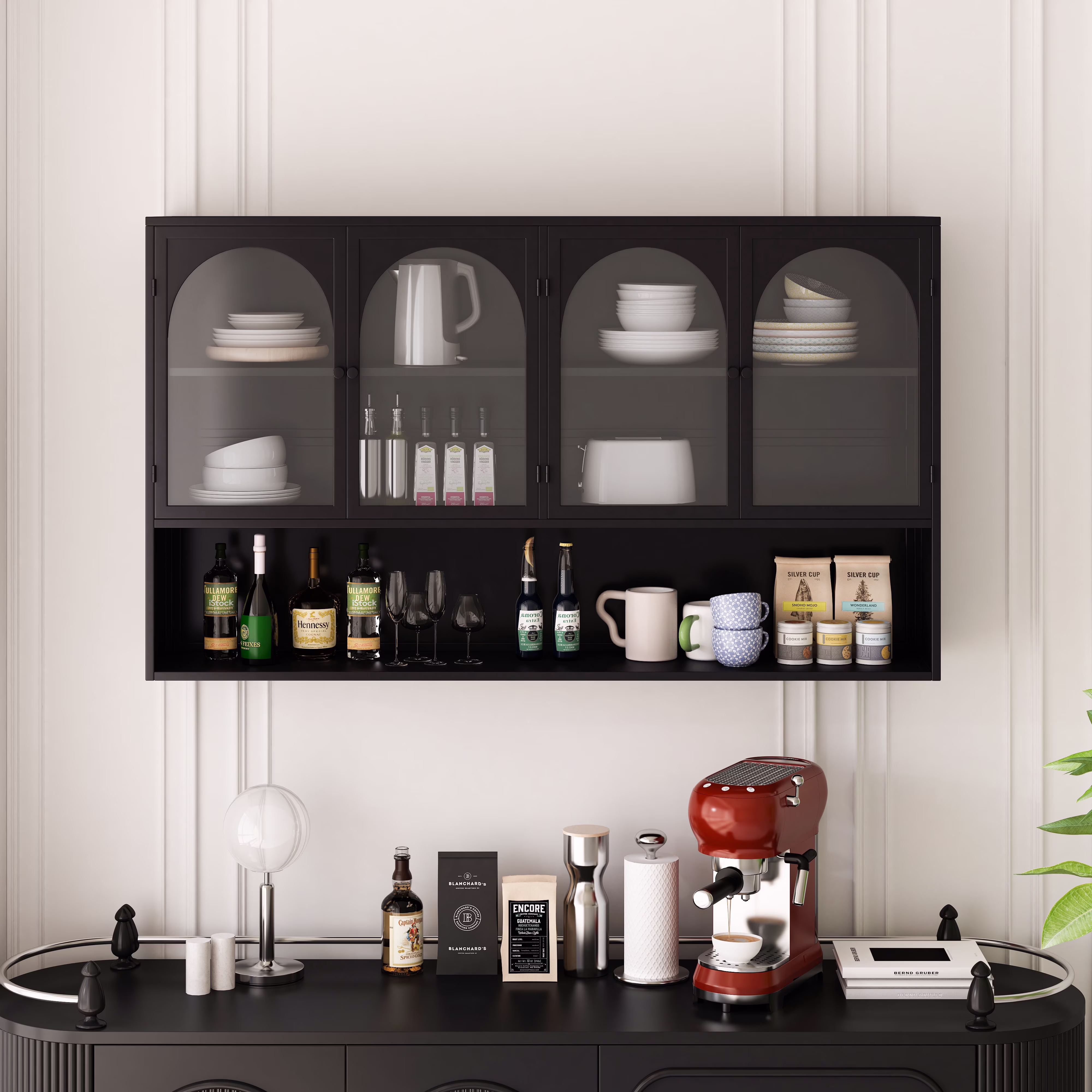 Dasun 47.25" Four-door Glass Wall Cabinet Storage, Wall-mounted, Suitable for Kitchen, Living Room, Bathroom(Black)
