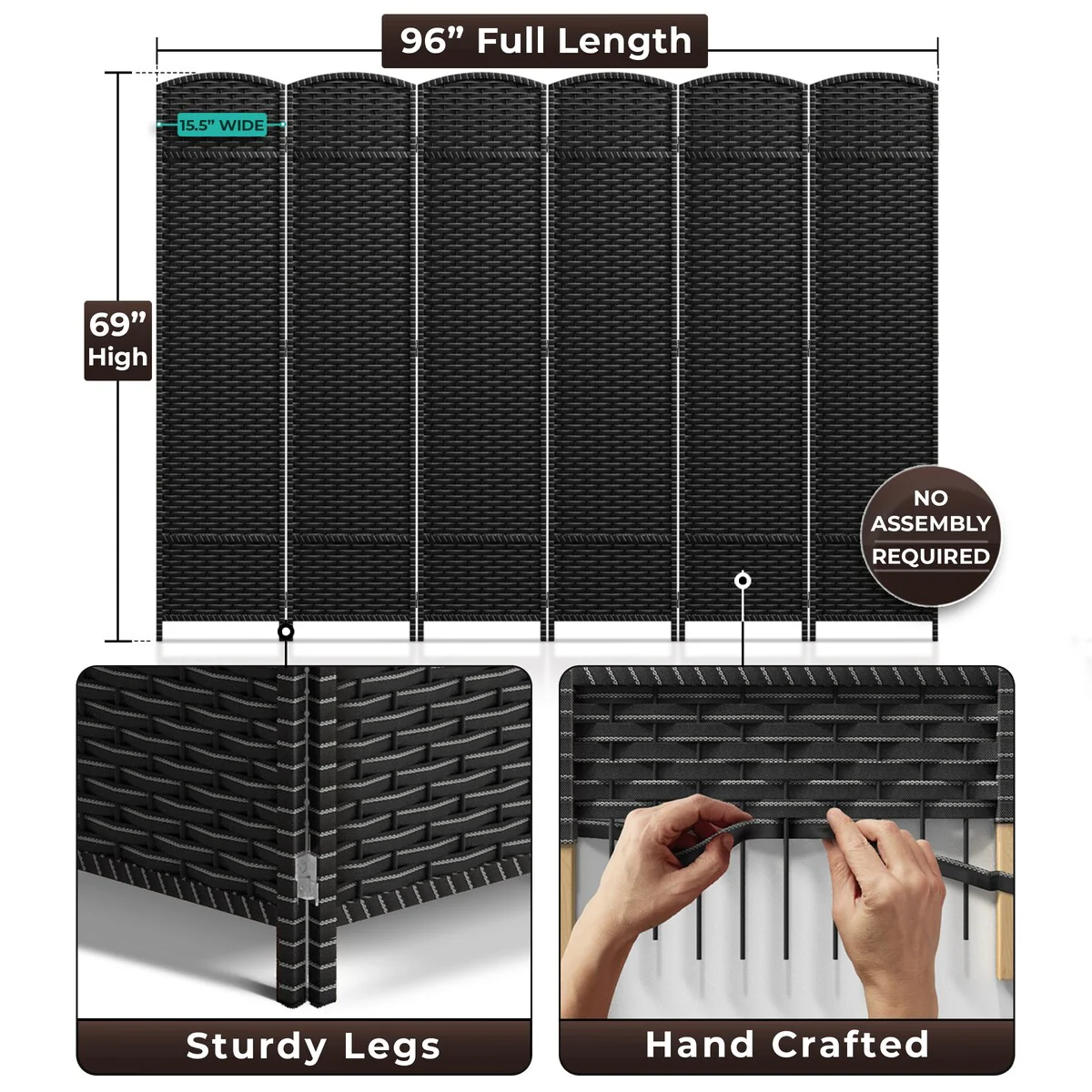 6 Panel Room Divider, 6ft Tall Extra Wide Folding Privacy Screen with Hand-Woven Mesh Panels - Image 15