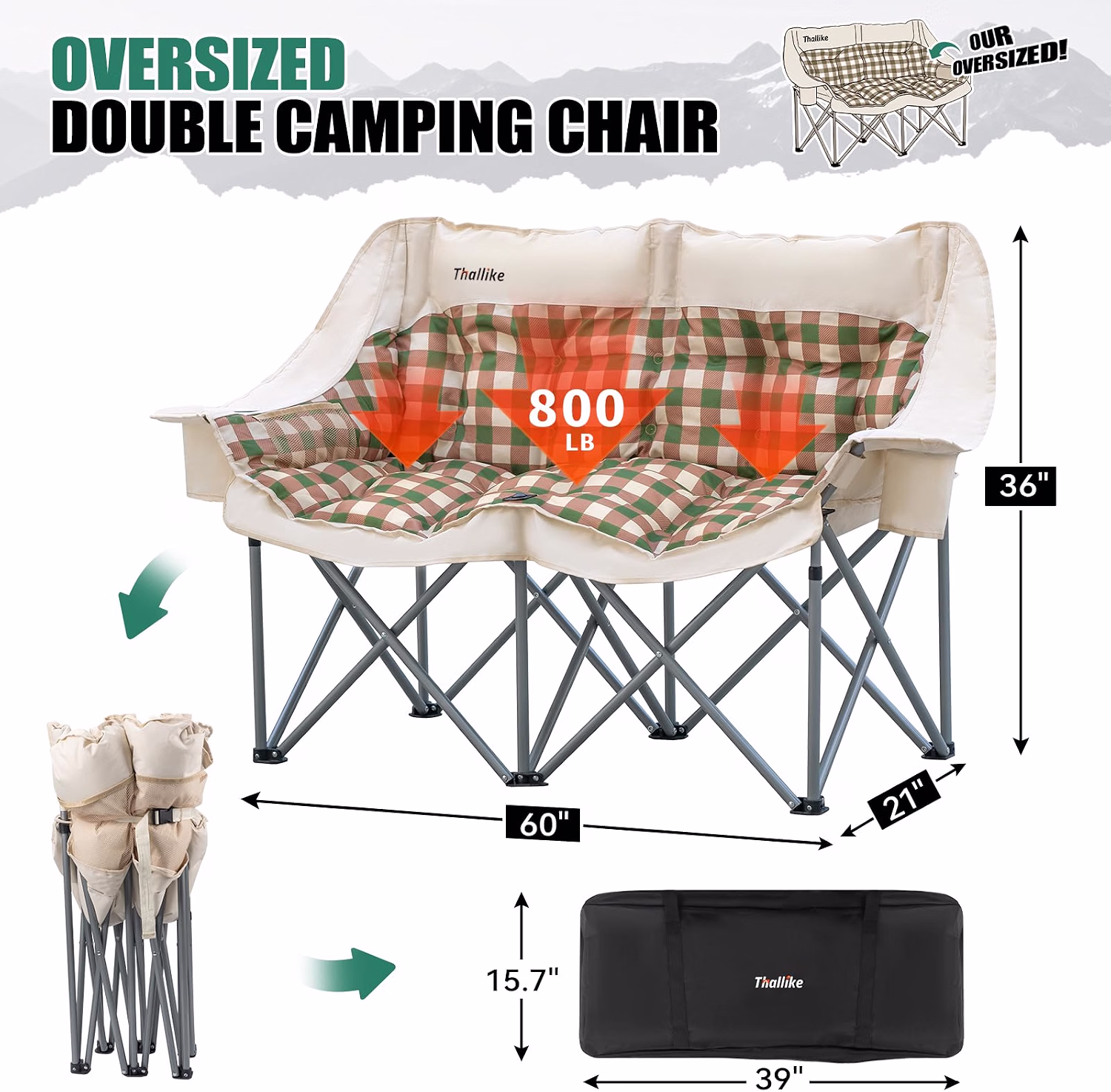 Double Camping Chair, Oversized 2 Person Camp Chairs with Cup Holders Side & Backrest Mesh Pockets Padded Loveseat Camping Chair Foldable for Outdoor Lawn Backyard Beach Support 800LB - Image 2