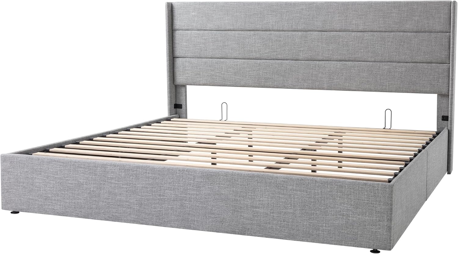 Queen Size Lift Up Storage Bed with Wingback Headboard, Upholstered Platform Bed Frame with Hidden Storage - Image 18
