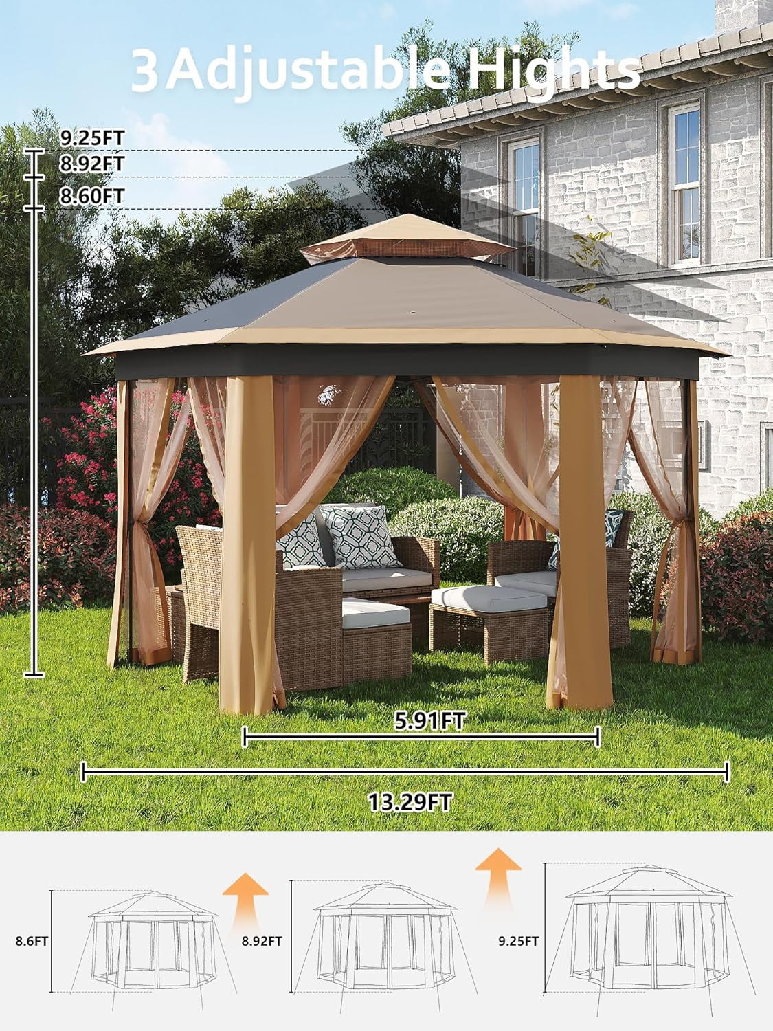 13x13 Gazebo Outdoor Canopy Shelter,Instant Patio Gazebo Sun Shade Canopy Tent with 6 Zippered Mesh Netting and Strong Steel Frame for Lawn,Garden,Backyard,Deck Party - Image 15
