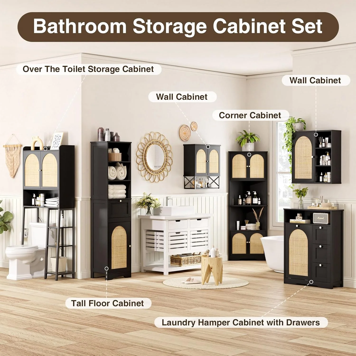 VEANERWOOD Rattan Bathroom Wall Storage Cabinet with Double Doors and Adjustable Shelves, Medicine Wall Storage Cabinet for Kitchen, Toilet, Bathroom - Image 12