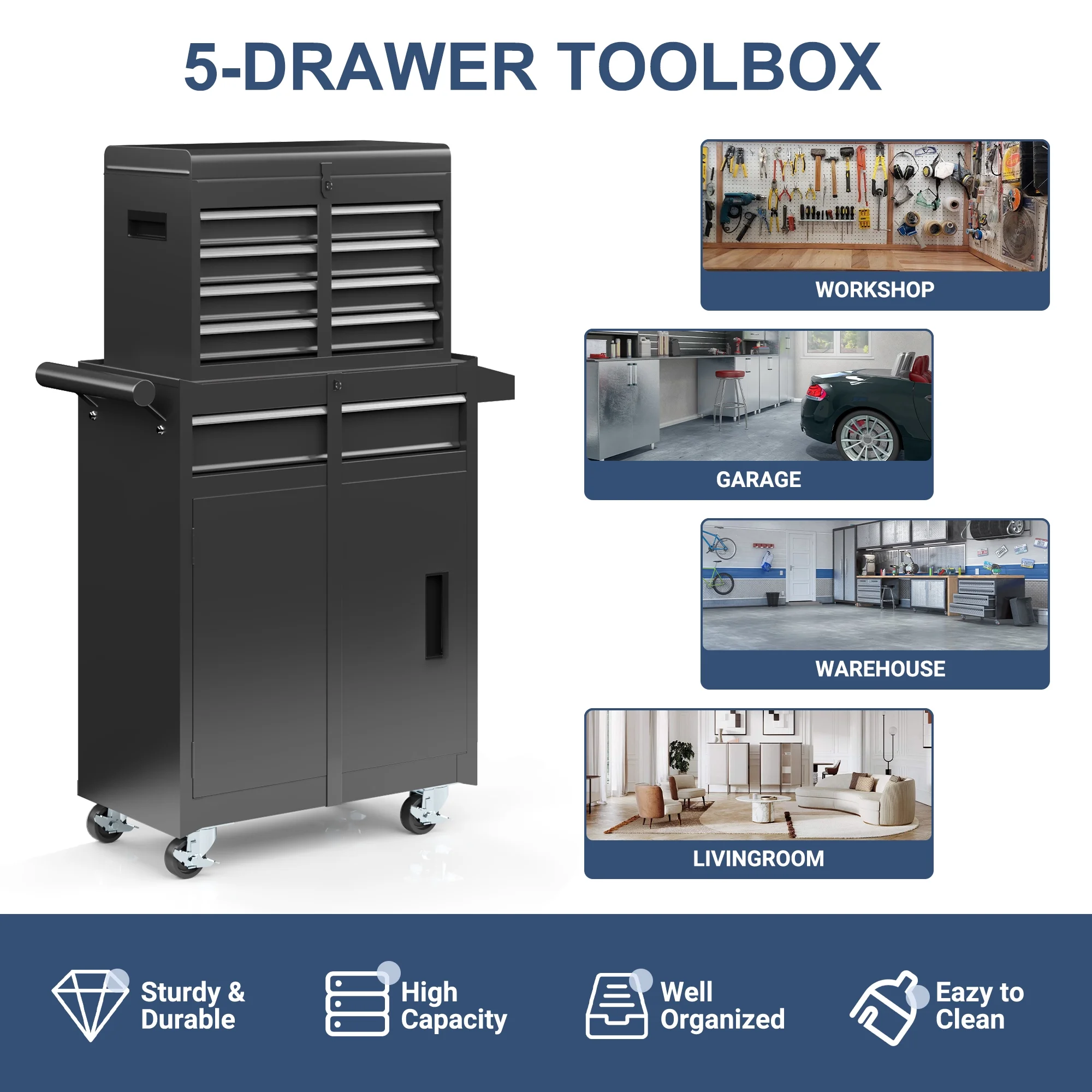MUCHANT 5-Drawer Rolling Tool Chest, 2-in-1 Tool Box& Cabinet with Wheels, Drawers and Removable Top Tool Box for Garage, Warehouse, Workshop, Repair Shop, Black - Image 8