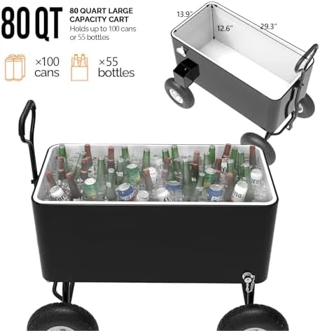 80 Quart Wagon Rolling Cooler Ice Chest, /Long Handle and 10" Wheels, Portable Beach Patio Party Bar Cold Drink Beverage, Outdoor Park Cart on Wheels - Image 18