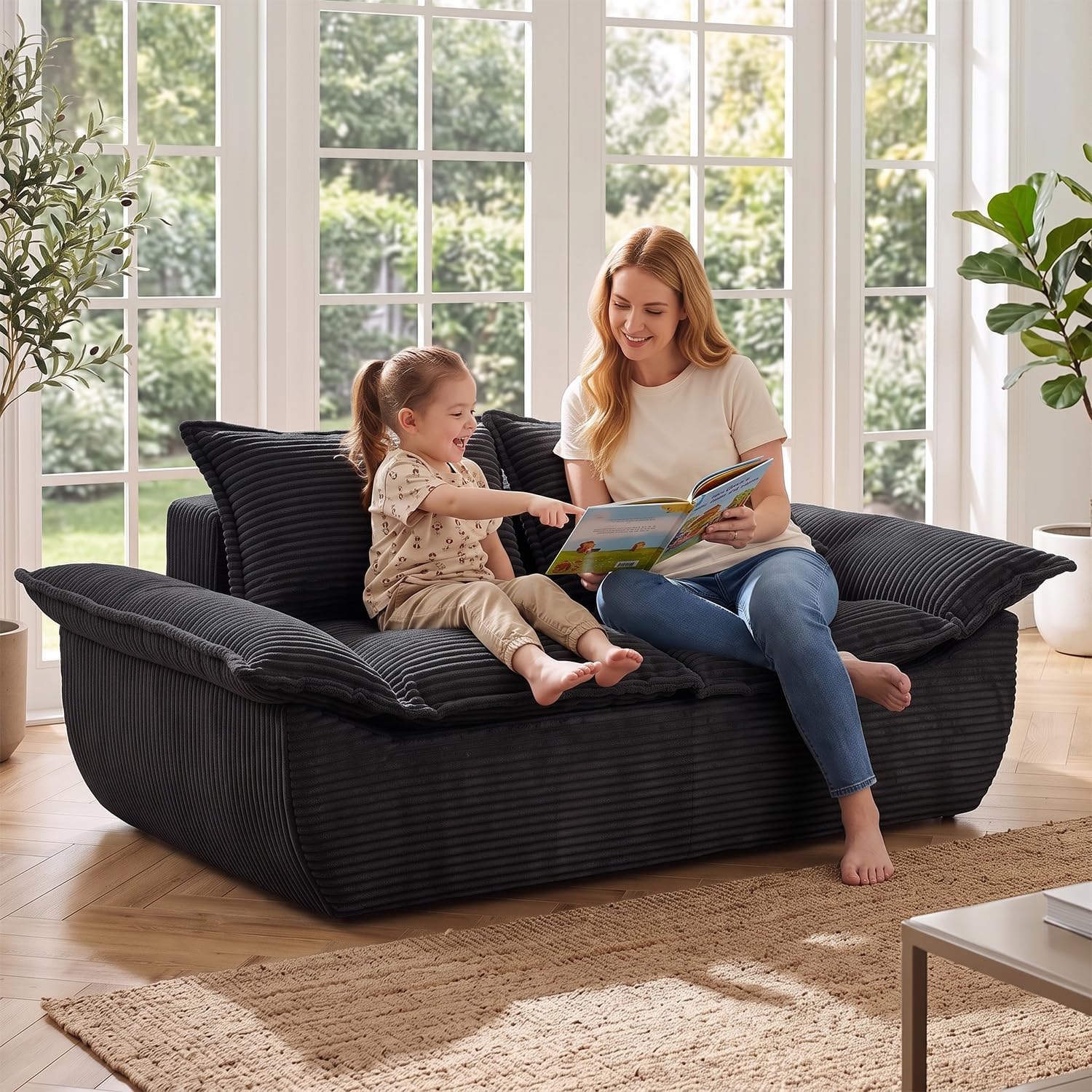 56" Boneless Loveseat, 2-Seater Black Boneless Sofa with Removable Cushions & 2 Pillows, Small Mini Couch Boneless Foam Sofa for Living Room, Apartments, & Office - Image 4