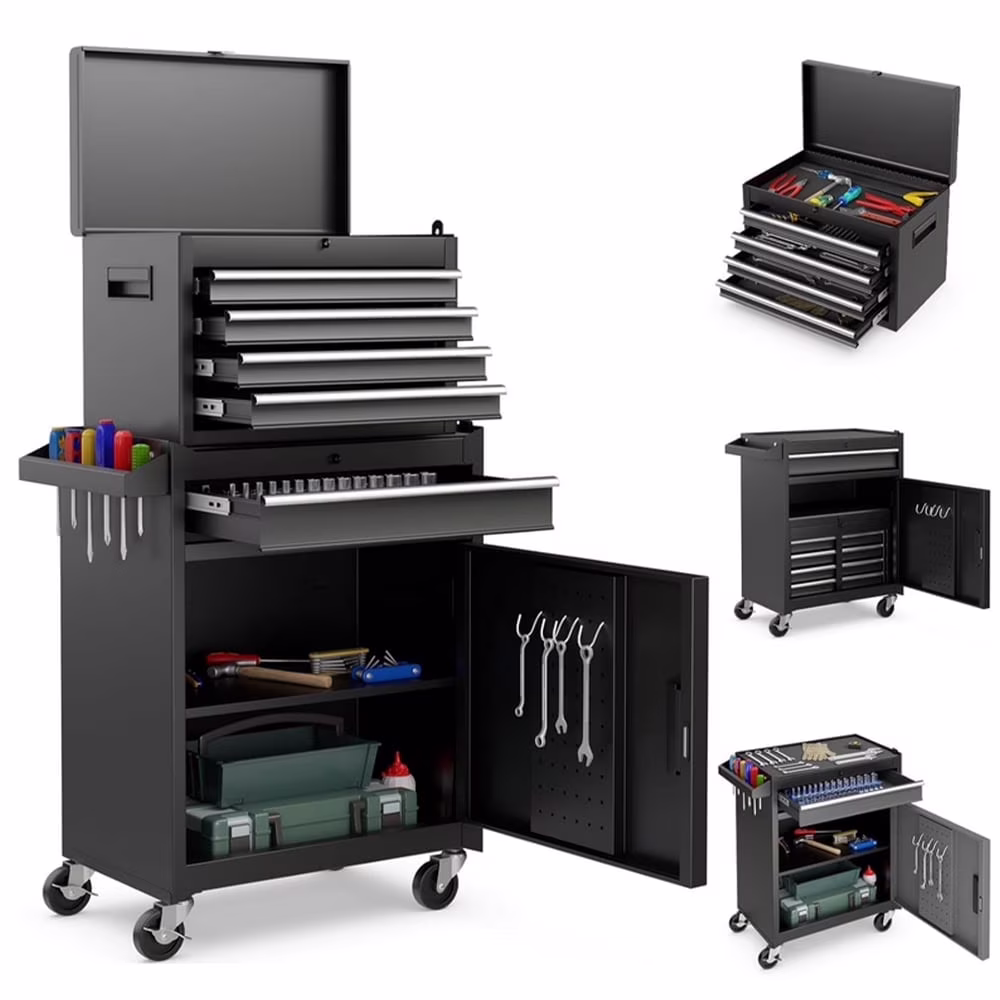 Rolling Tool Chest, 5 Drawers with Big Cabinet, Tool Trolley with 4 Universal Lockable Wheels and Lock Bar, Great Black Tool Cart for Garage Workshop, Sturdy Heavy Duty Tool Storage, Easy Assemble