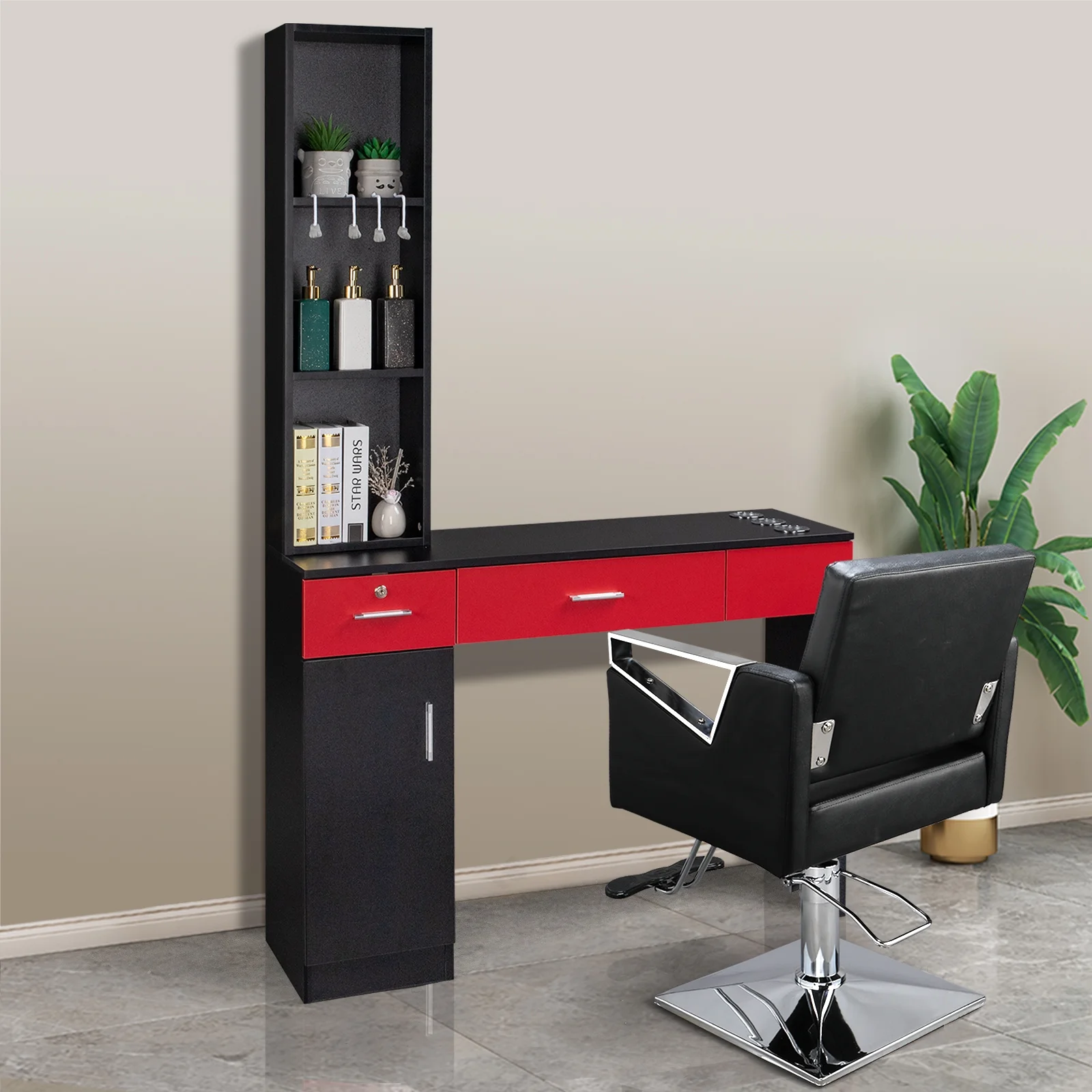 OmySalon Barber Station Wall Mount Salon Hair Styling Beauty Spa Equipment with 2 Drawers, 1 Storage Cabinet, 3 Open Shelves (Black) - Image 14