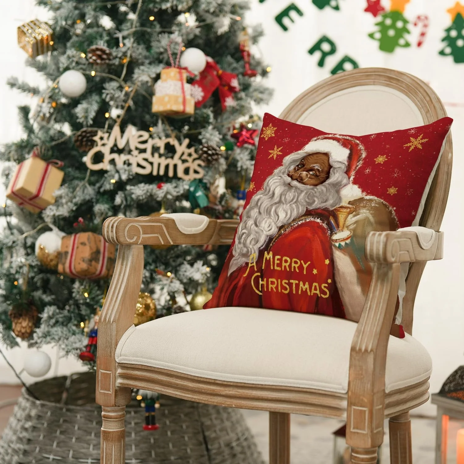 Artoid Mode Merry Christmas Santa Claus Angel Girl Xmas Pillow Covers 4-Pack 18 x 18 Red Black Square Decorative Winter Farmhouse Outdoor Throw Pillow Case - Image 5