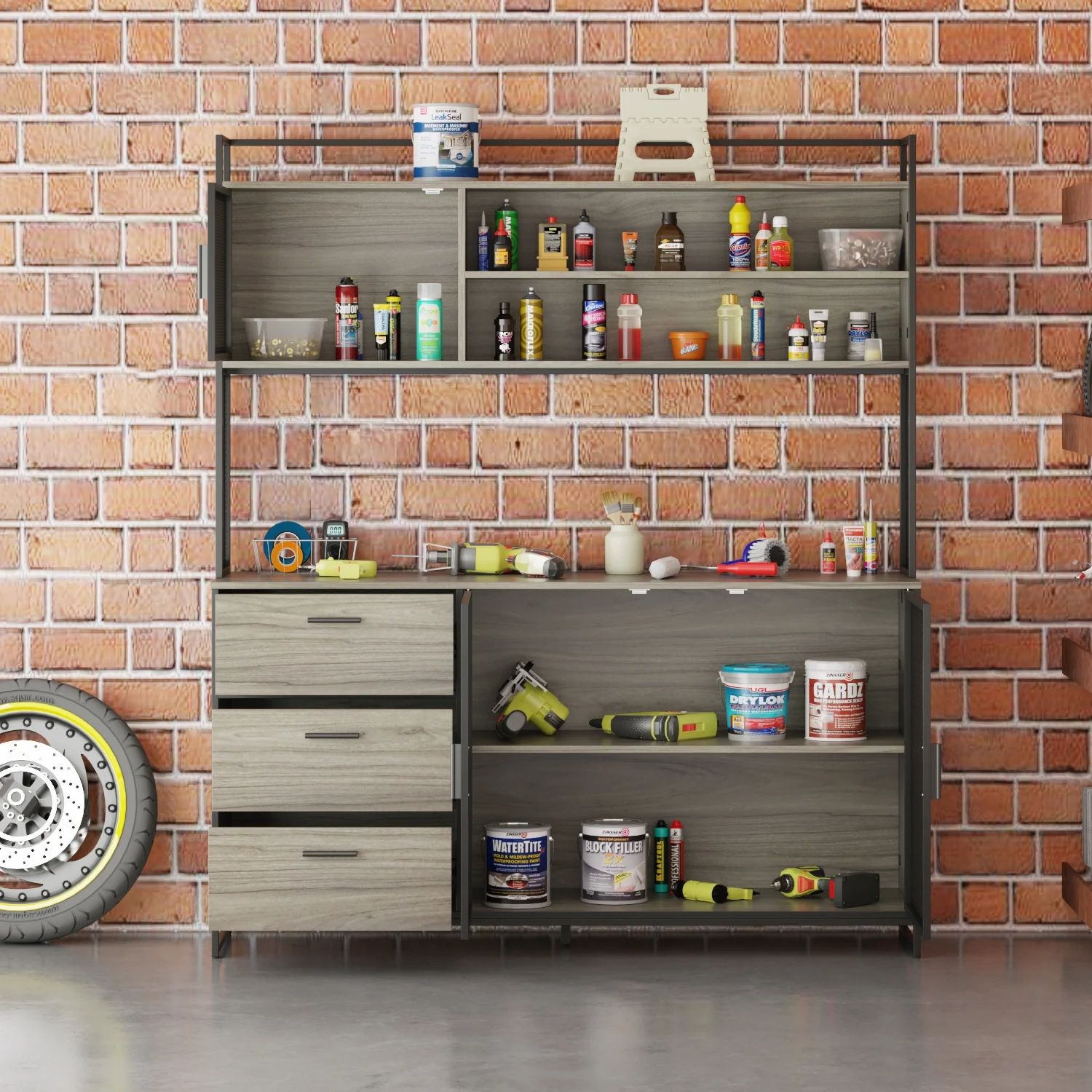 WIAWG Garage Cabinet with 3 Drawers and Metal Mesh Door, Industrial Mutifunctional Tool Storage Cabinet for Warehouse, Basement, Home Office (Walnut) - Image 15