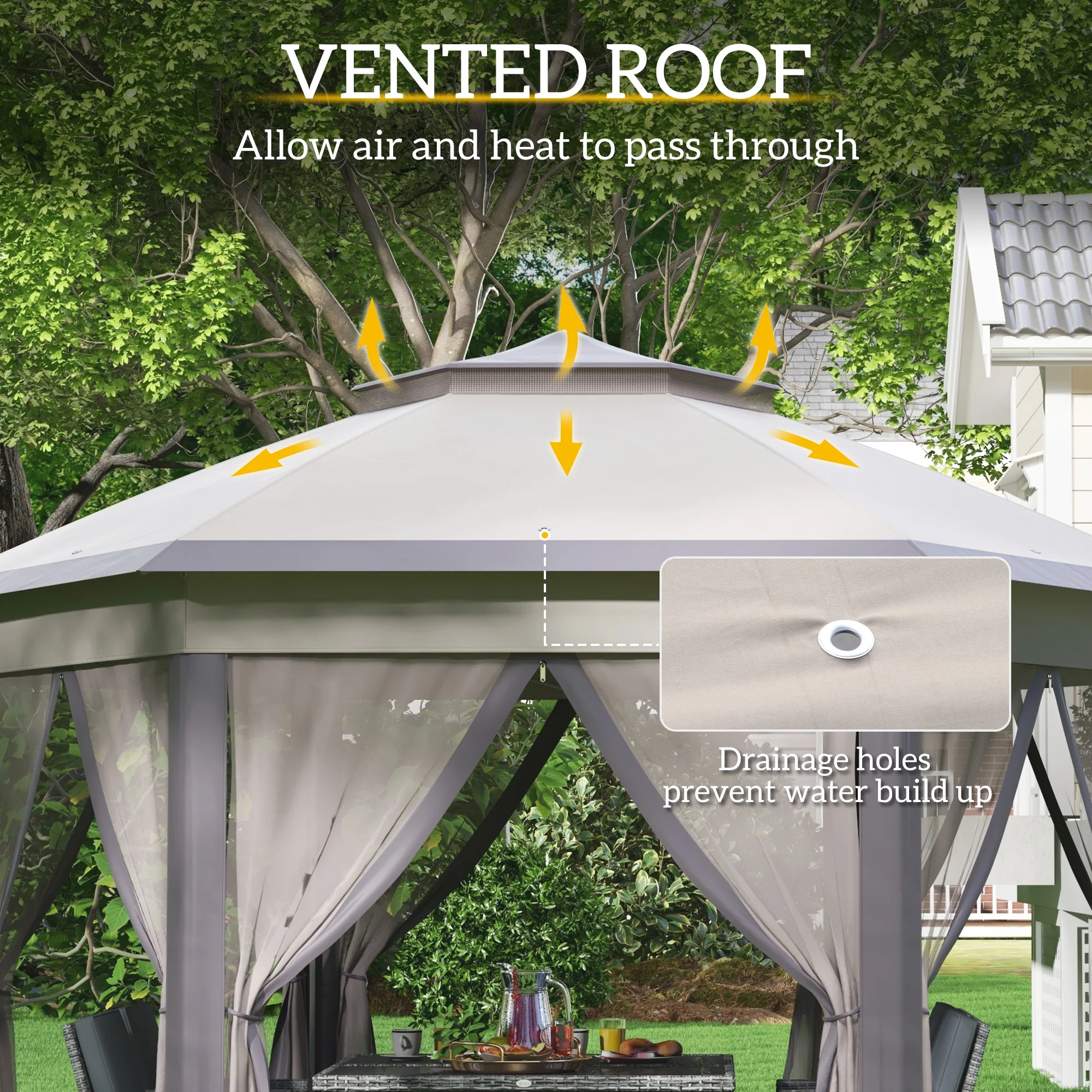 Outsunny 13' x 13' Pop Up Gazebo Hexagonal Canopy with 6 Zippered Mesh Netting, 2-Tier Roof Event Tent with Steel Frame for Patio Backyard, Gray - Image 22