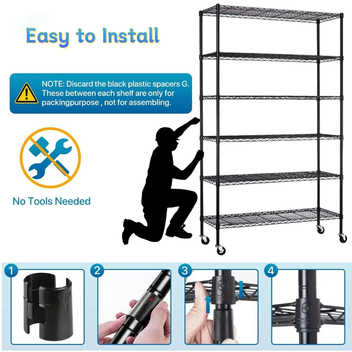 XF XINFENG 6 Tier Storage Shelves Adjustable Wire Shelving Heavy Duty Metal Shelves with Wheels 2100 lbs Capacity,Black - Image 4