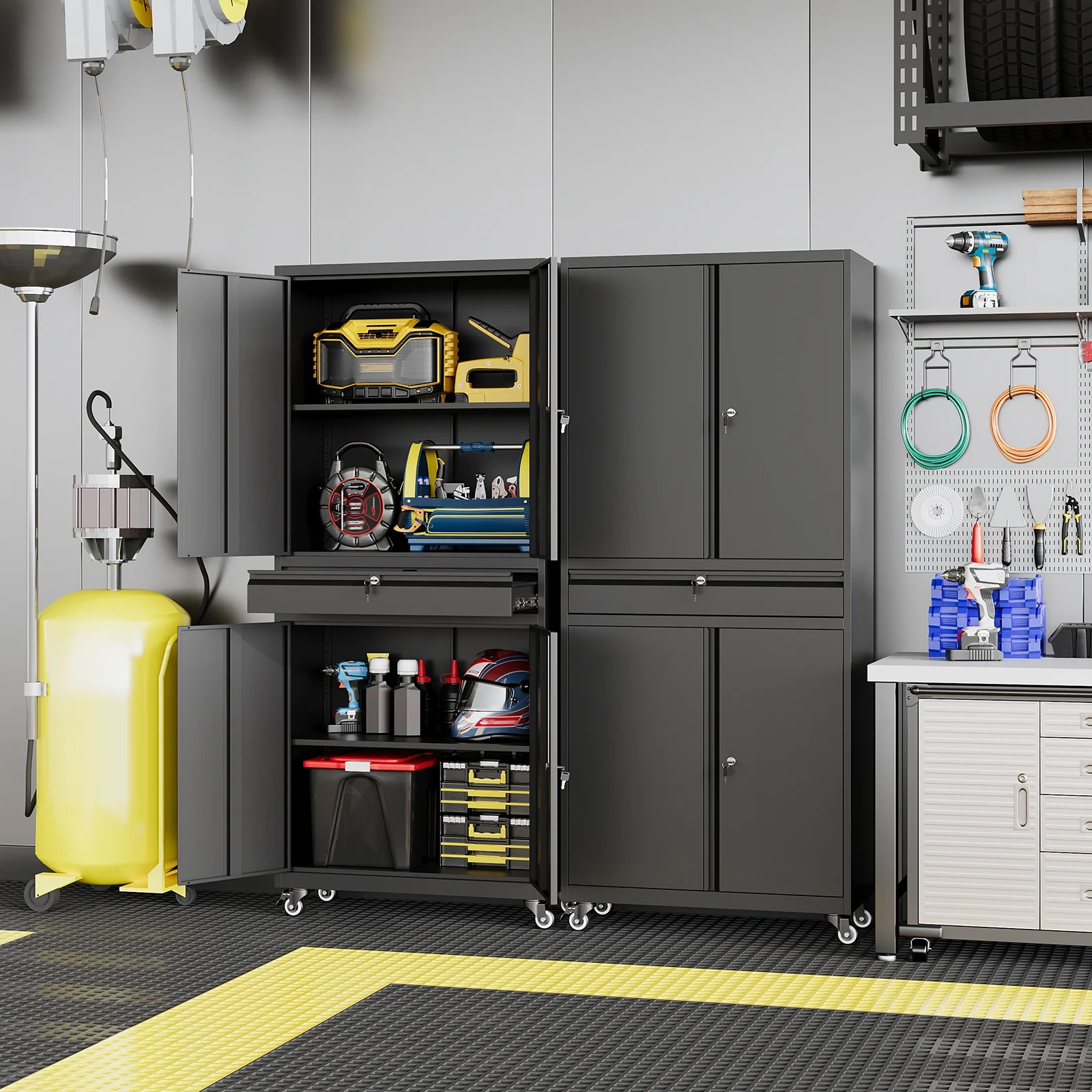 STANI Metal Garage Storage Cabinets with Drawer, 4 Doors Tool Storage Cabinet with 2 Adjustable Shelves, 73"H Rolling Steel Locking Cabinet for Garage Utility Room Home Office (Black, 4 Wheel) - Image 2